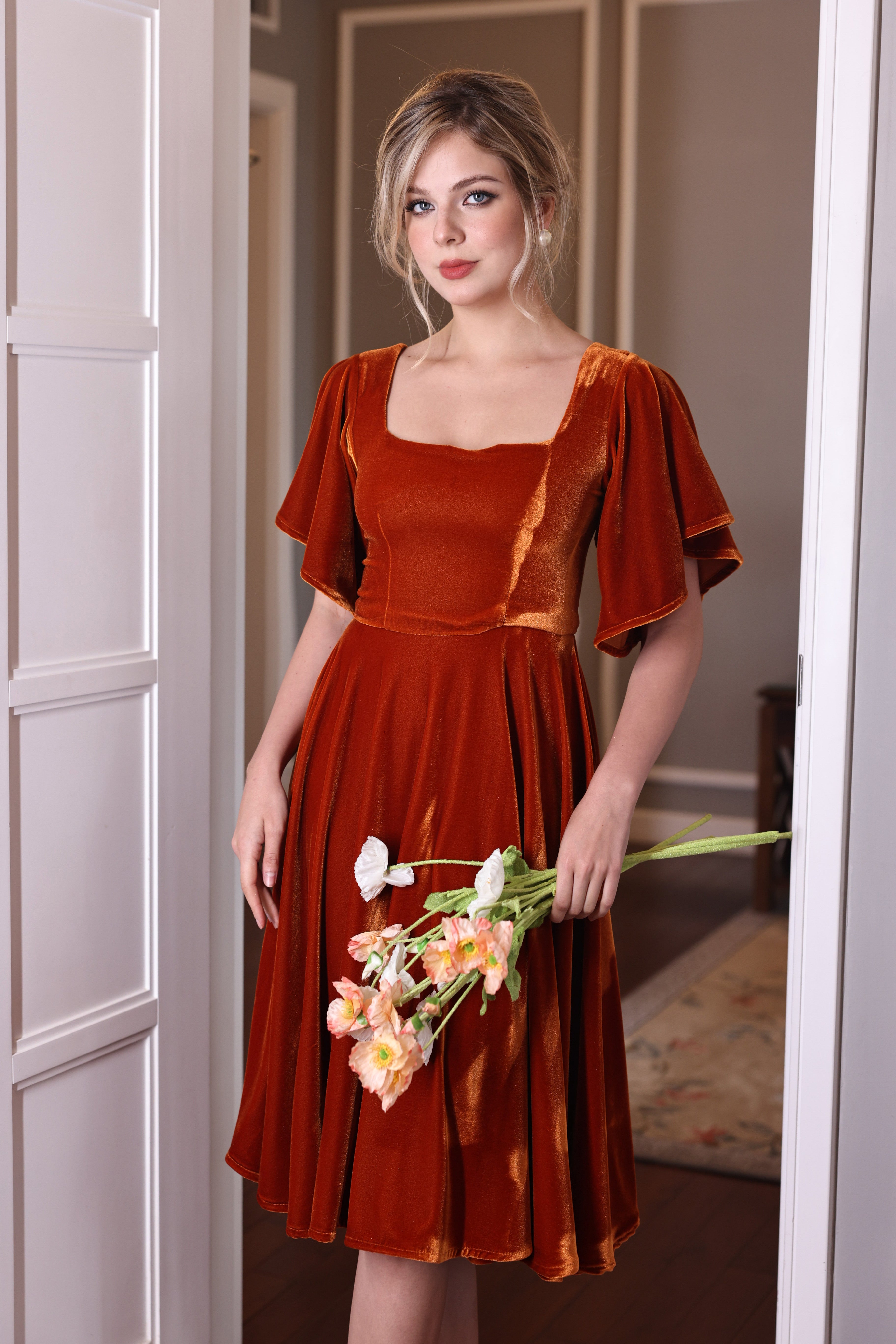 Velvet flutter sleeve dress