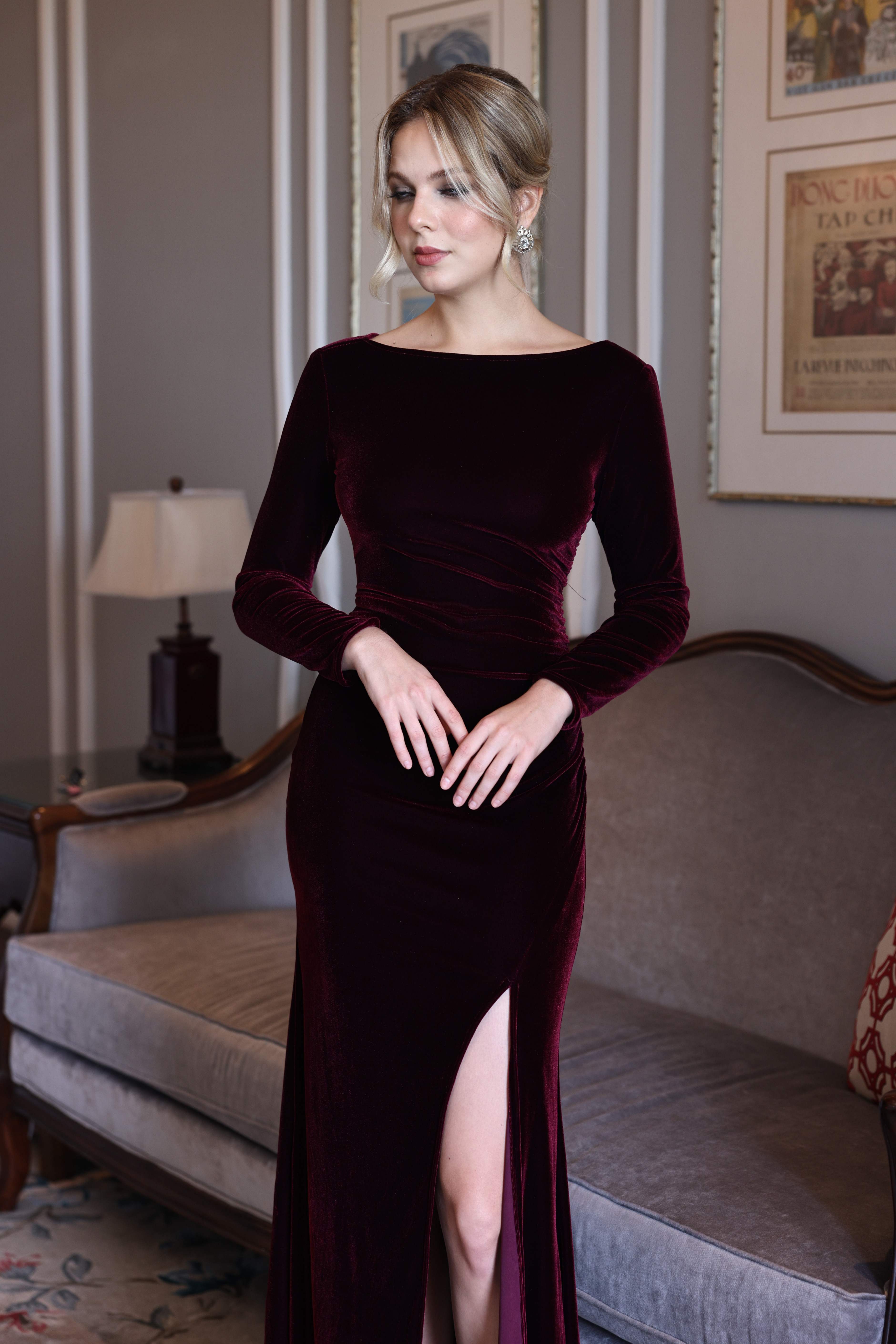Velvet formal dress with slit