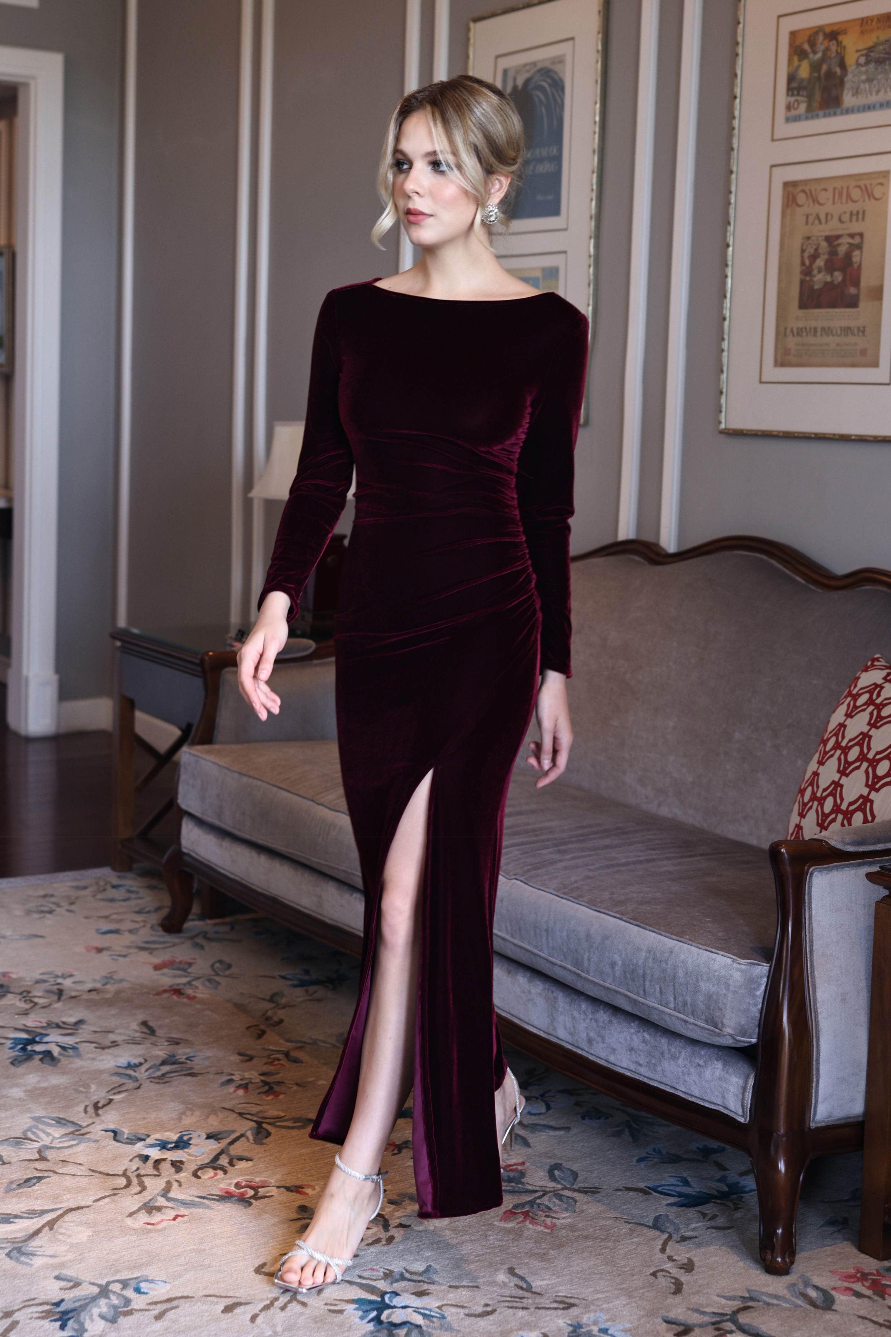 Velvet formal dress with slit