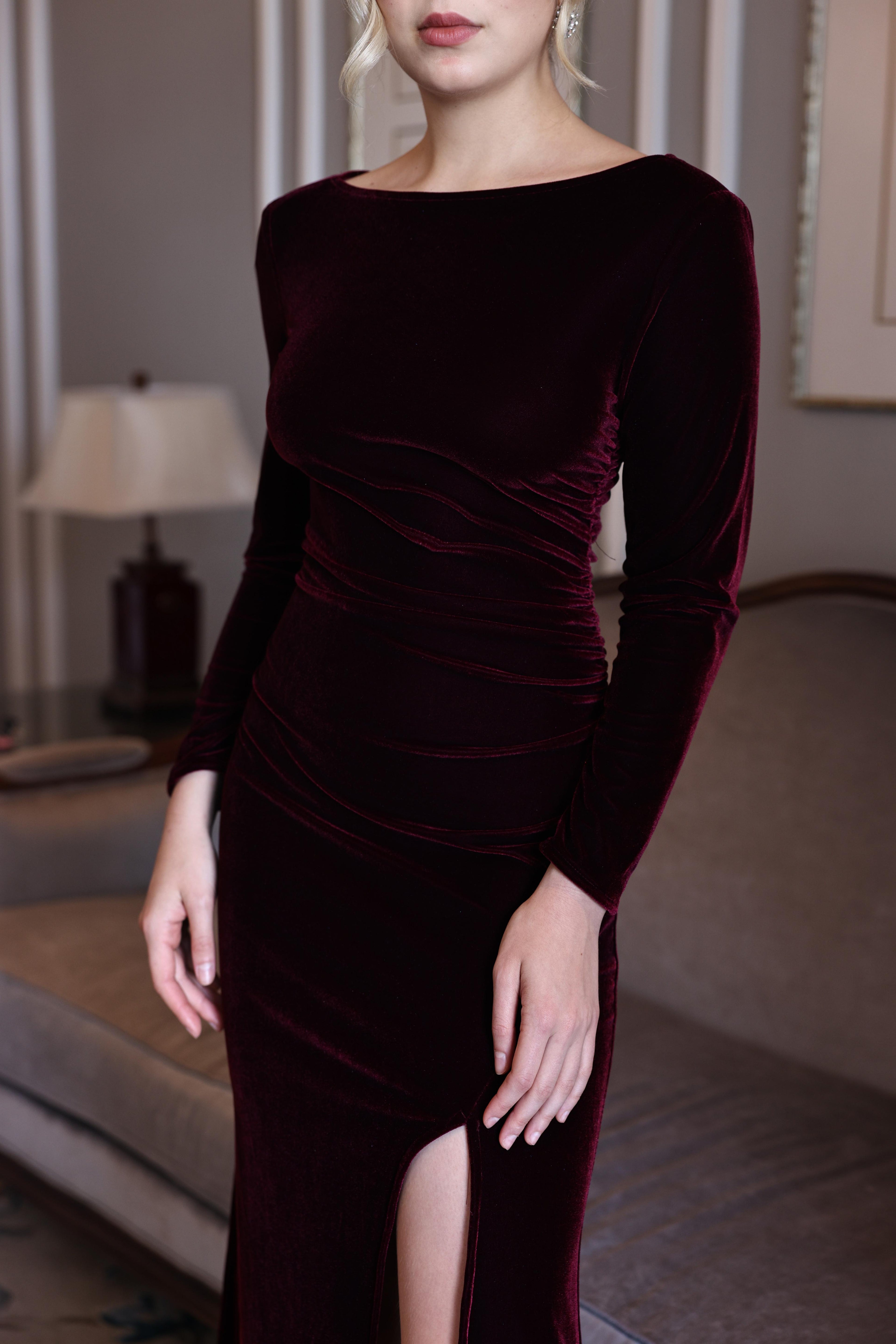 Velvet formal dress with slit