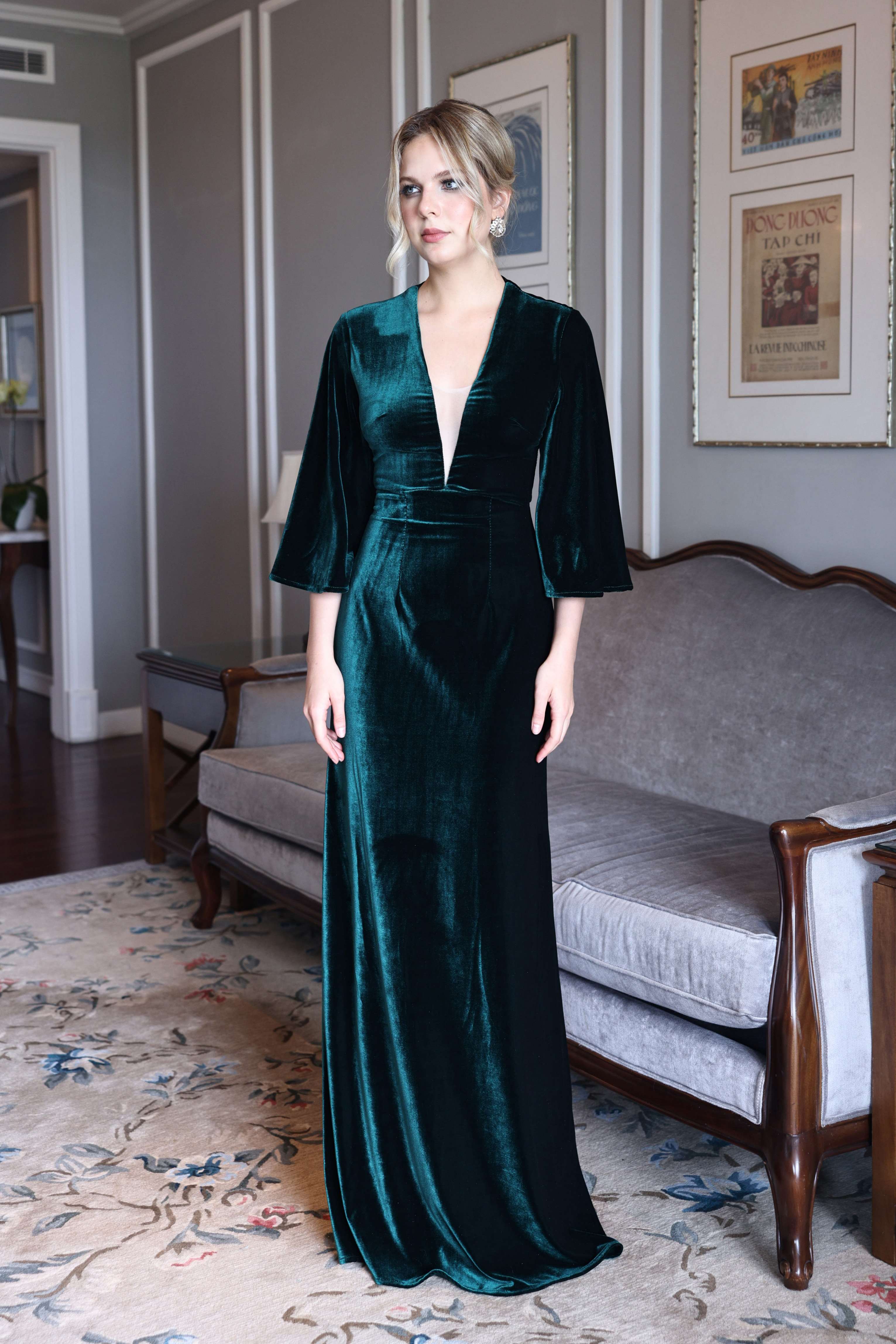 Emerald velvet gown with bell sleeves