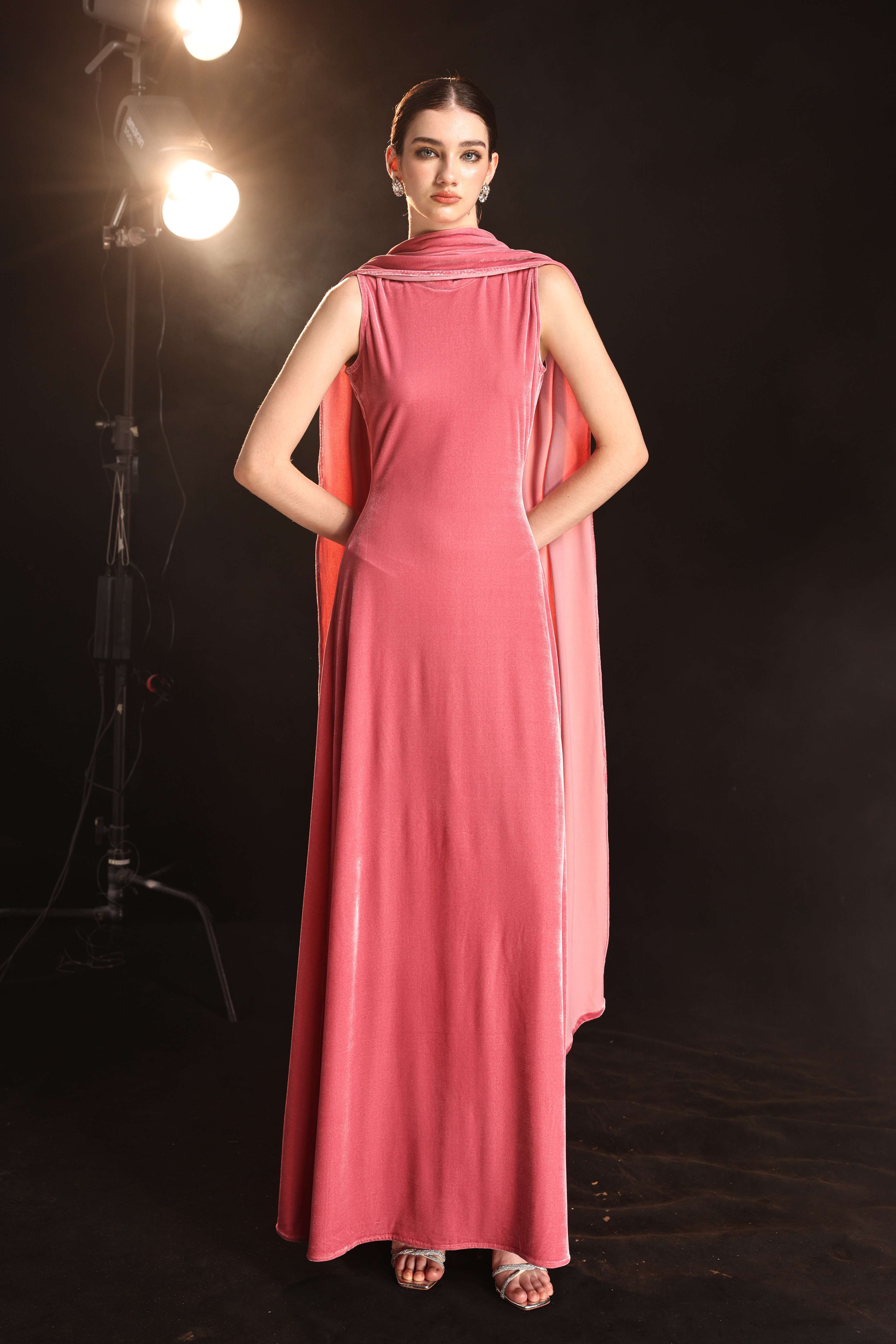 Velvet gown with draped scarf