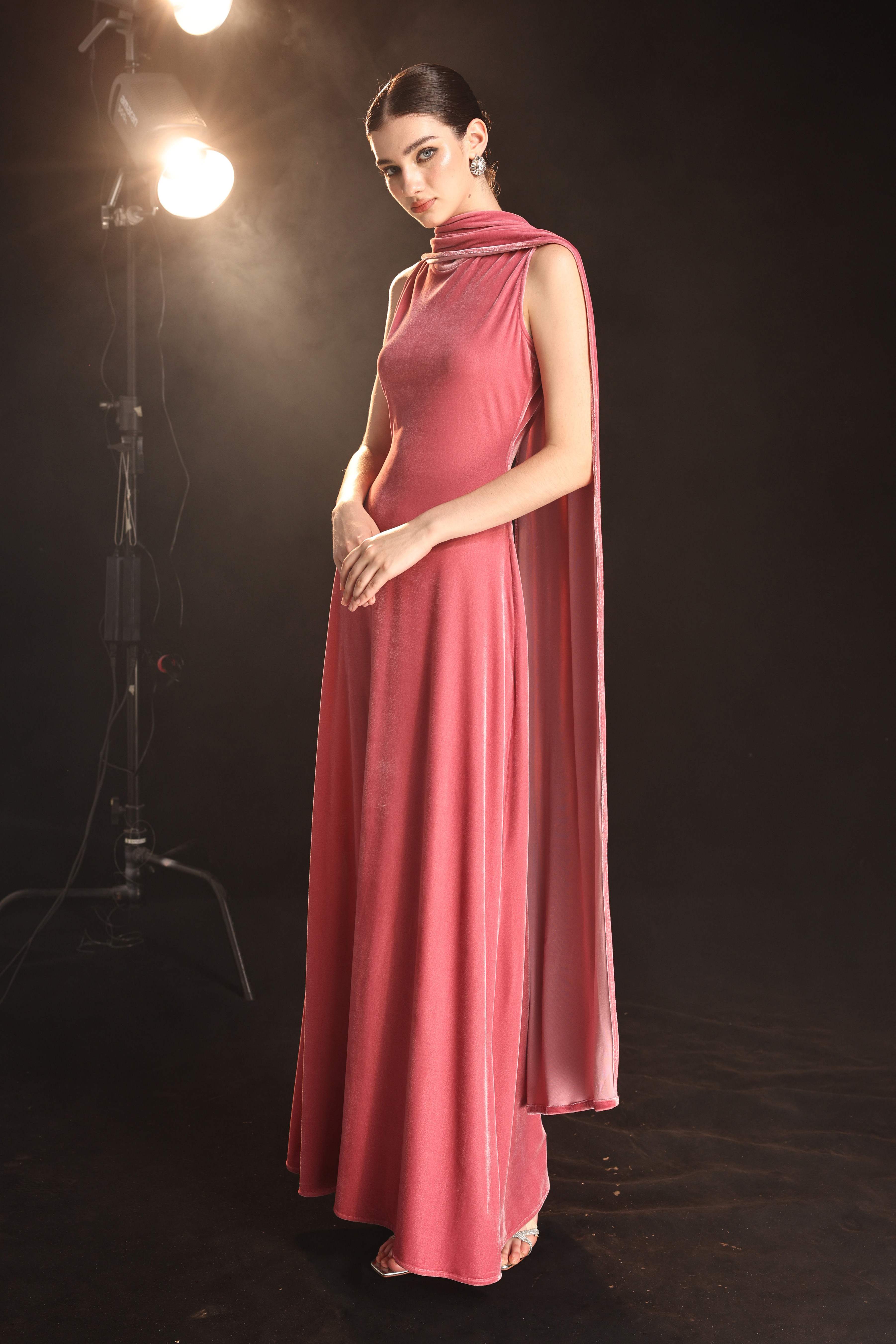 Velvet gown with draped scarf