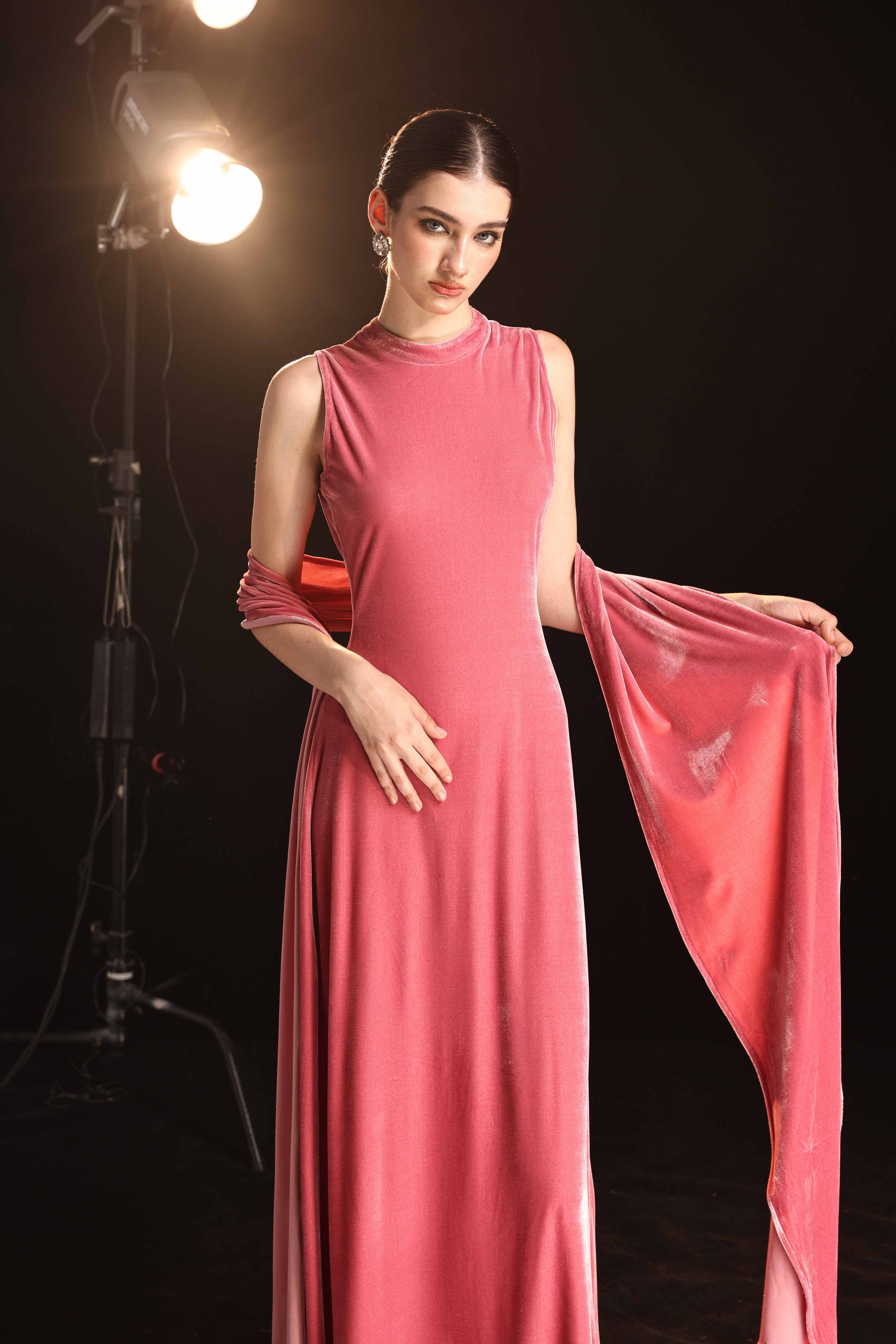 Velvet gown with draped scarf