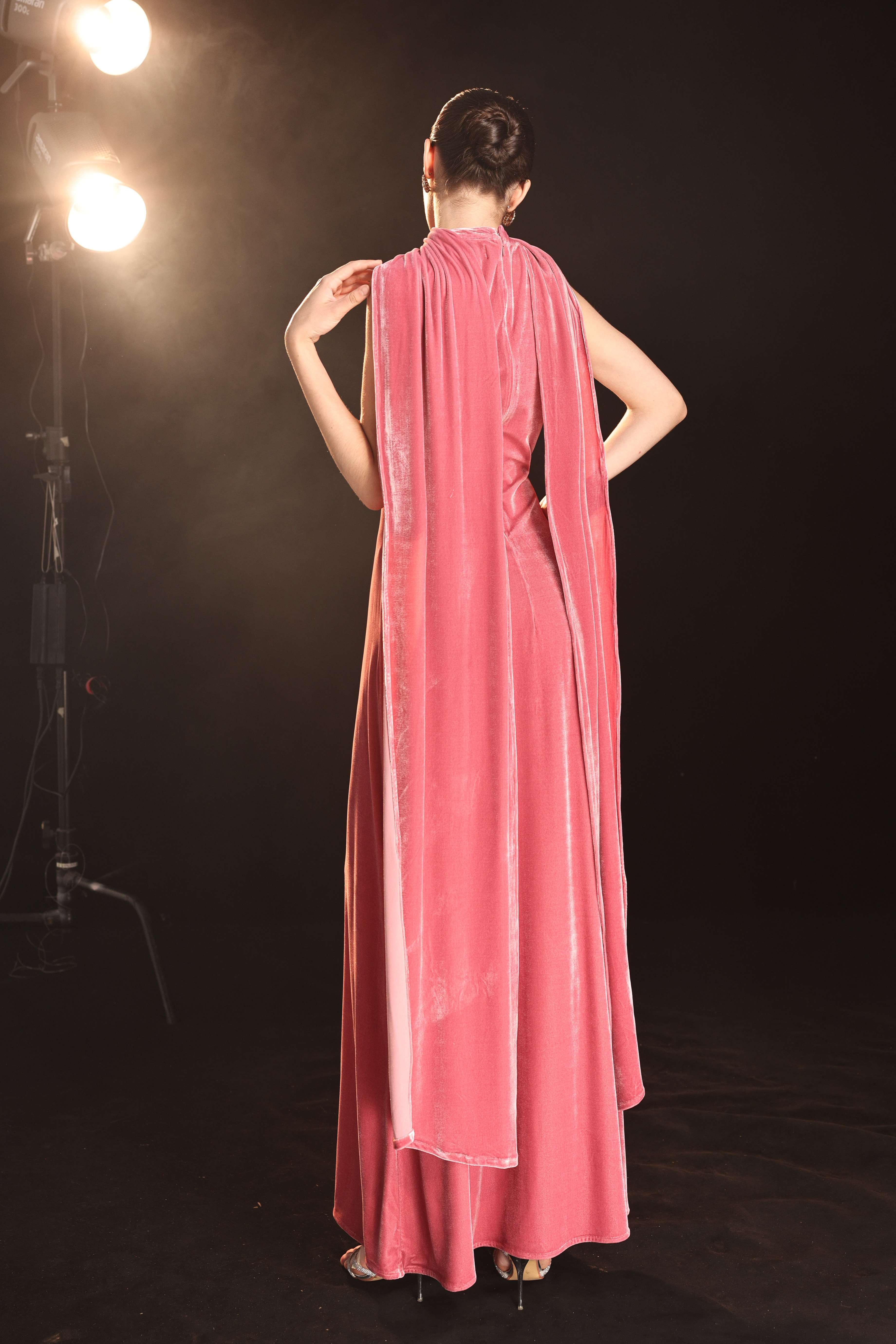 Velvet gown with draped scarf