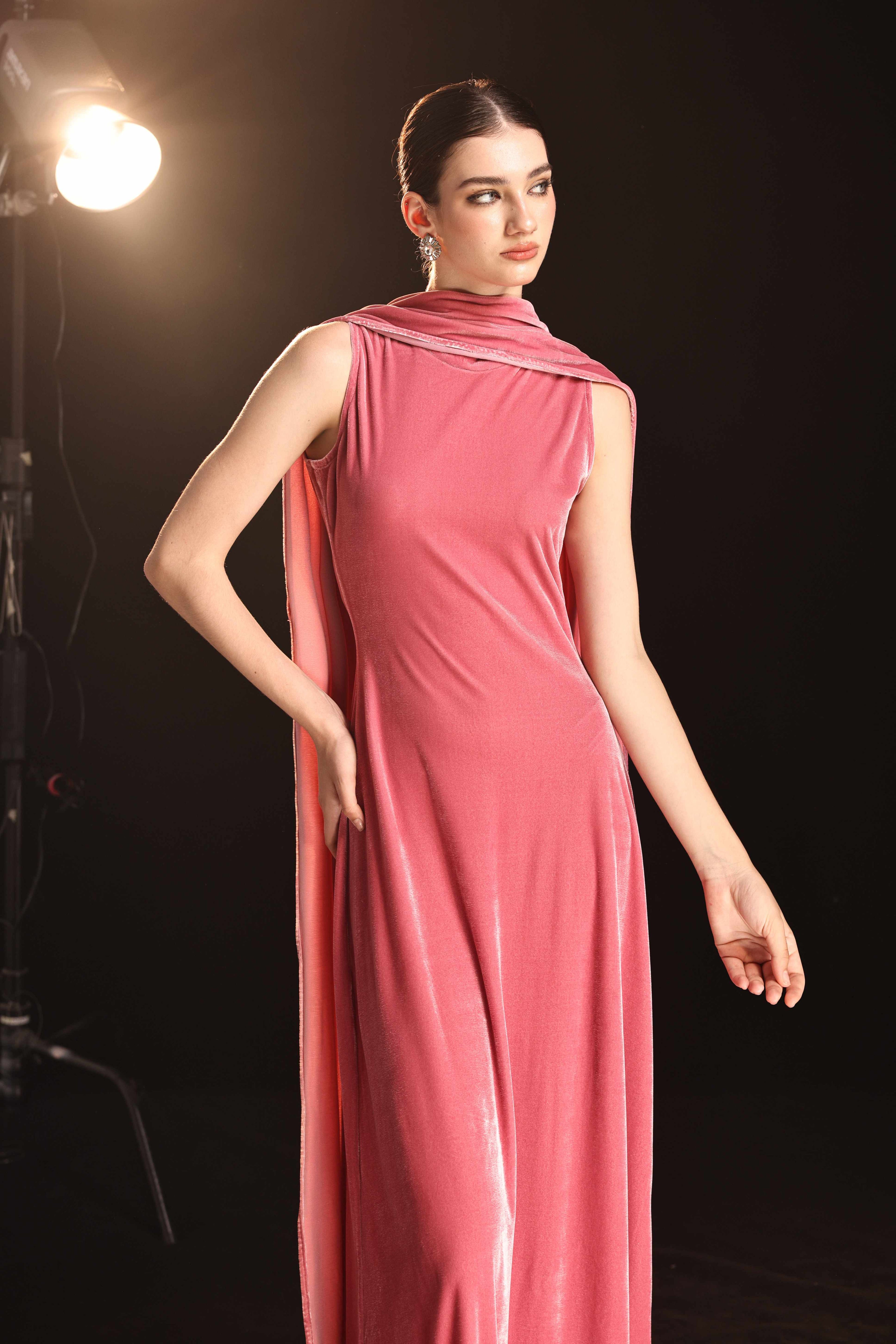 Velvet gown with draped scarf