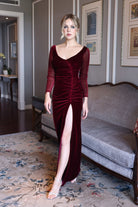 Velvet gown with sheer sleeves