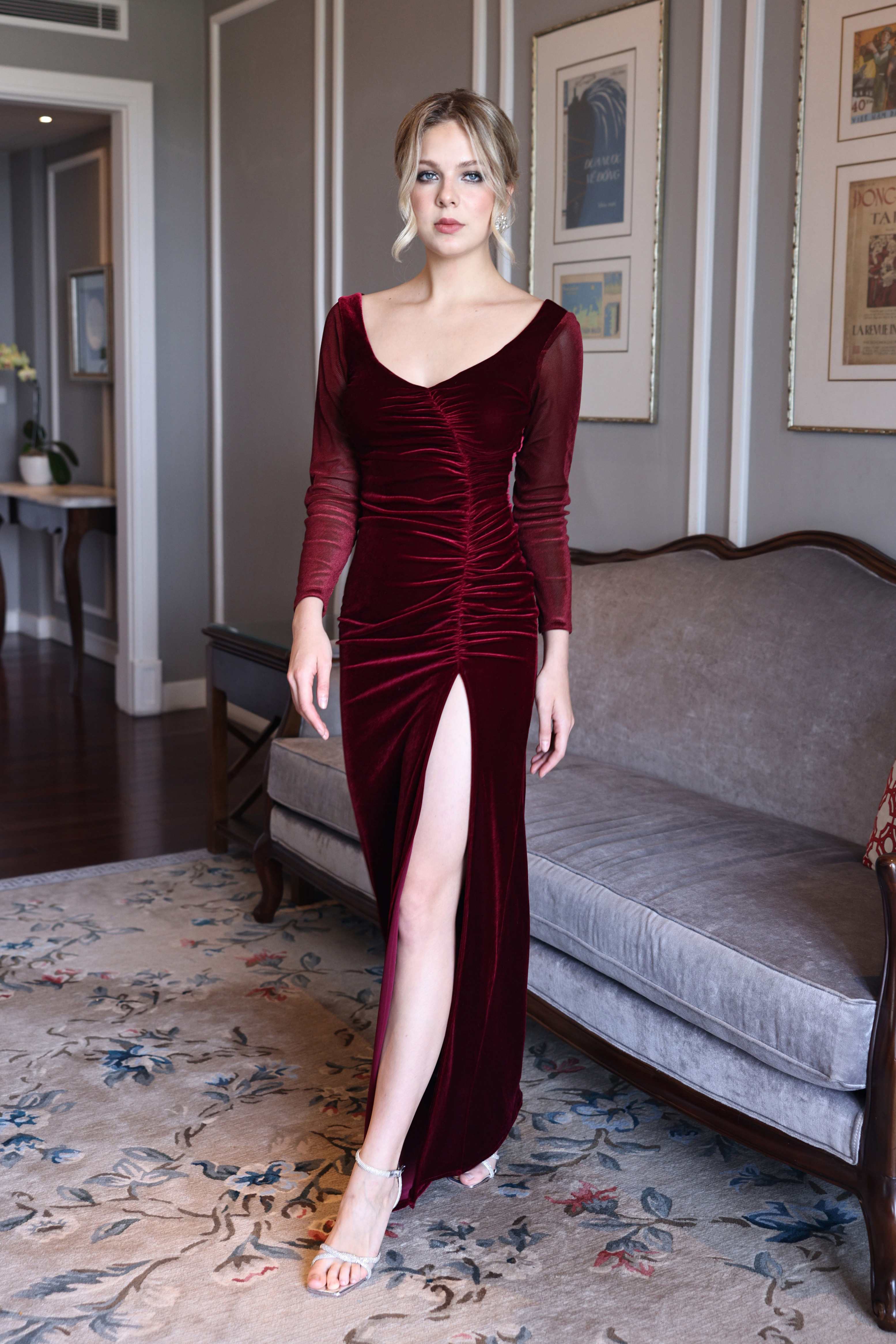 Velvet gown with sheer sleeves