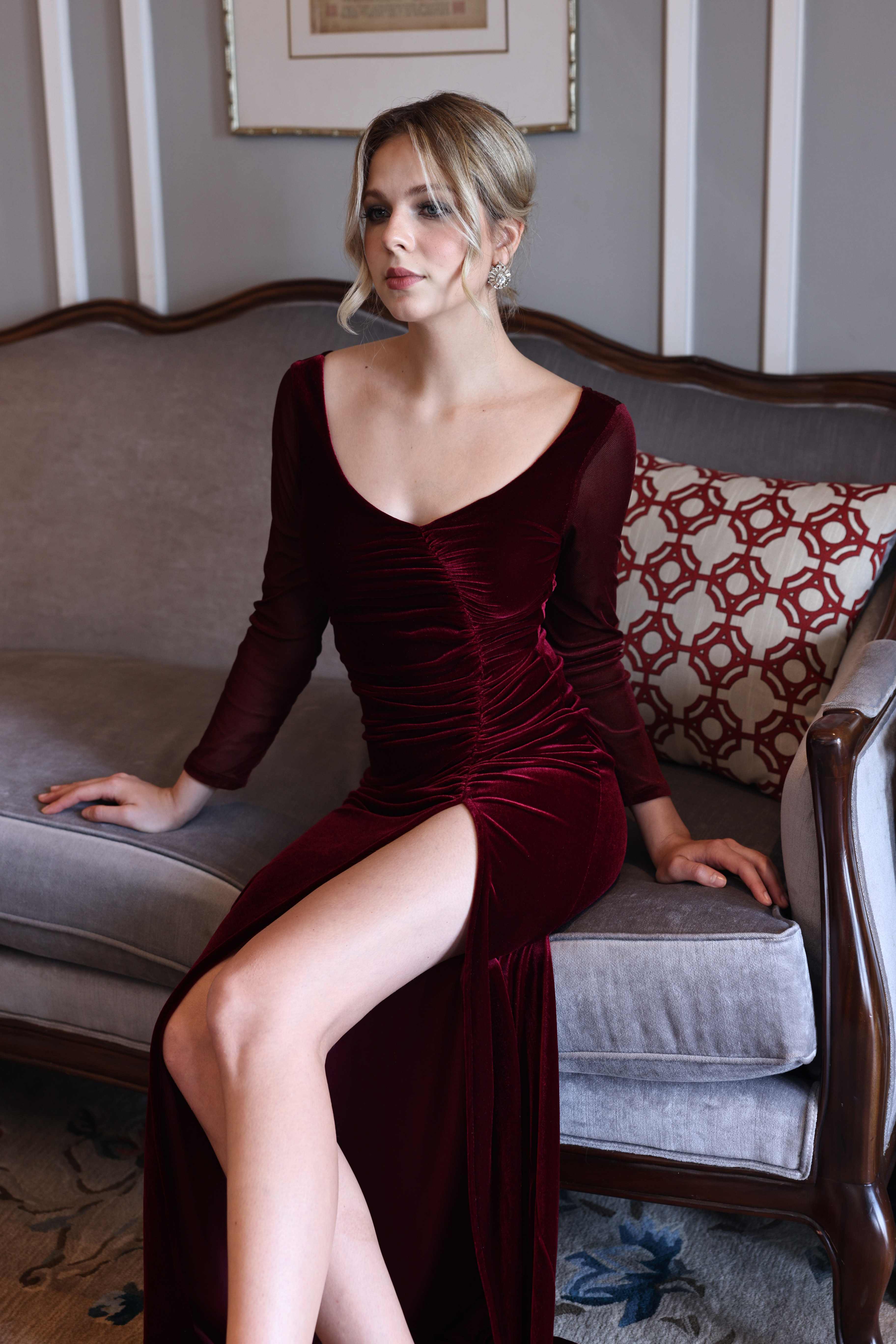 Velvet gown with sheer sleeves