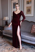 Velvet gown with sheer sleeves