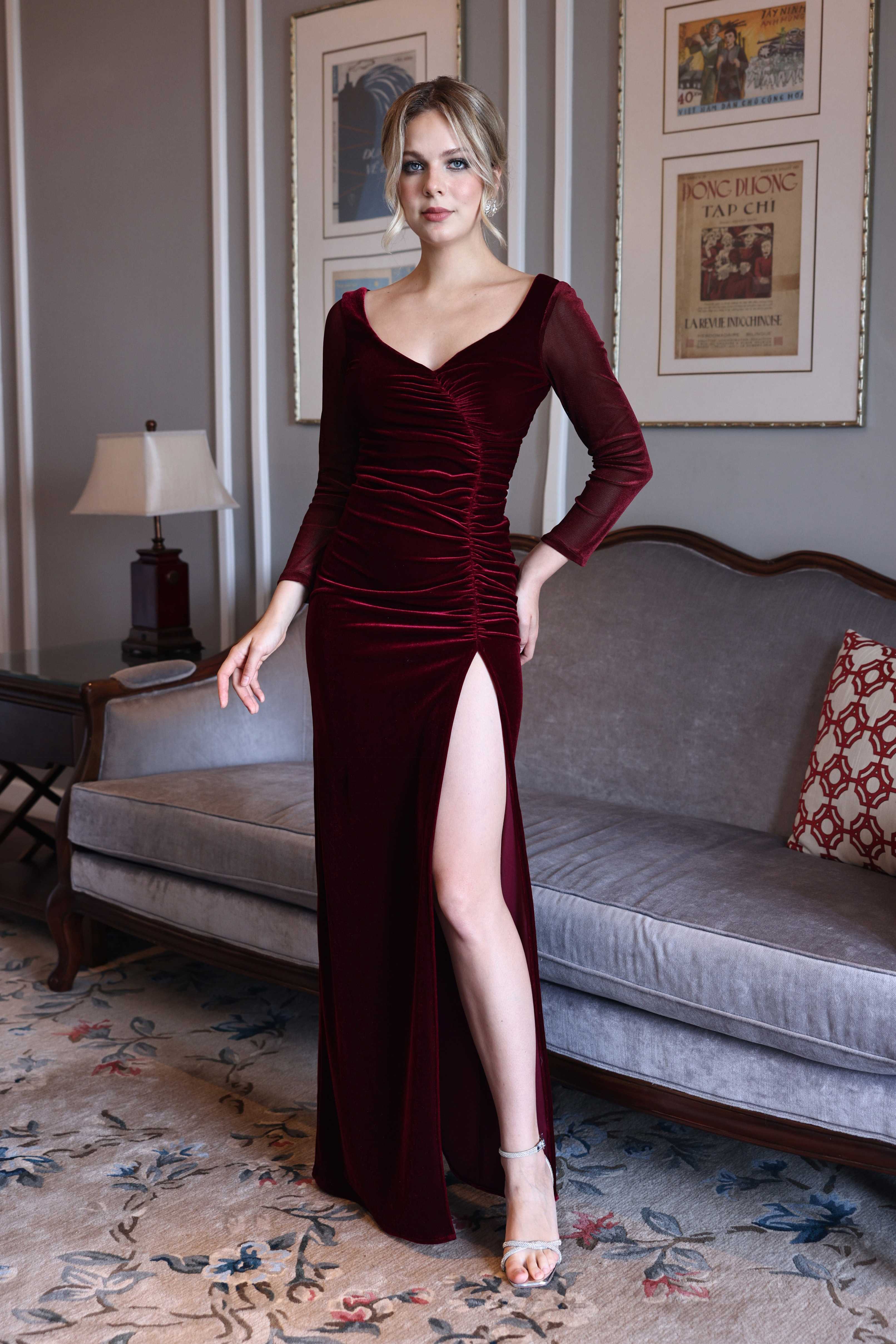 Velvet gown with sheer sleeves