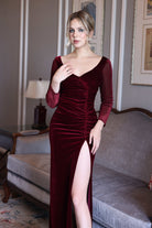 Velvet gown with sheer sleeves