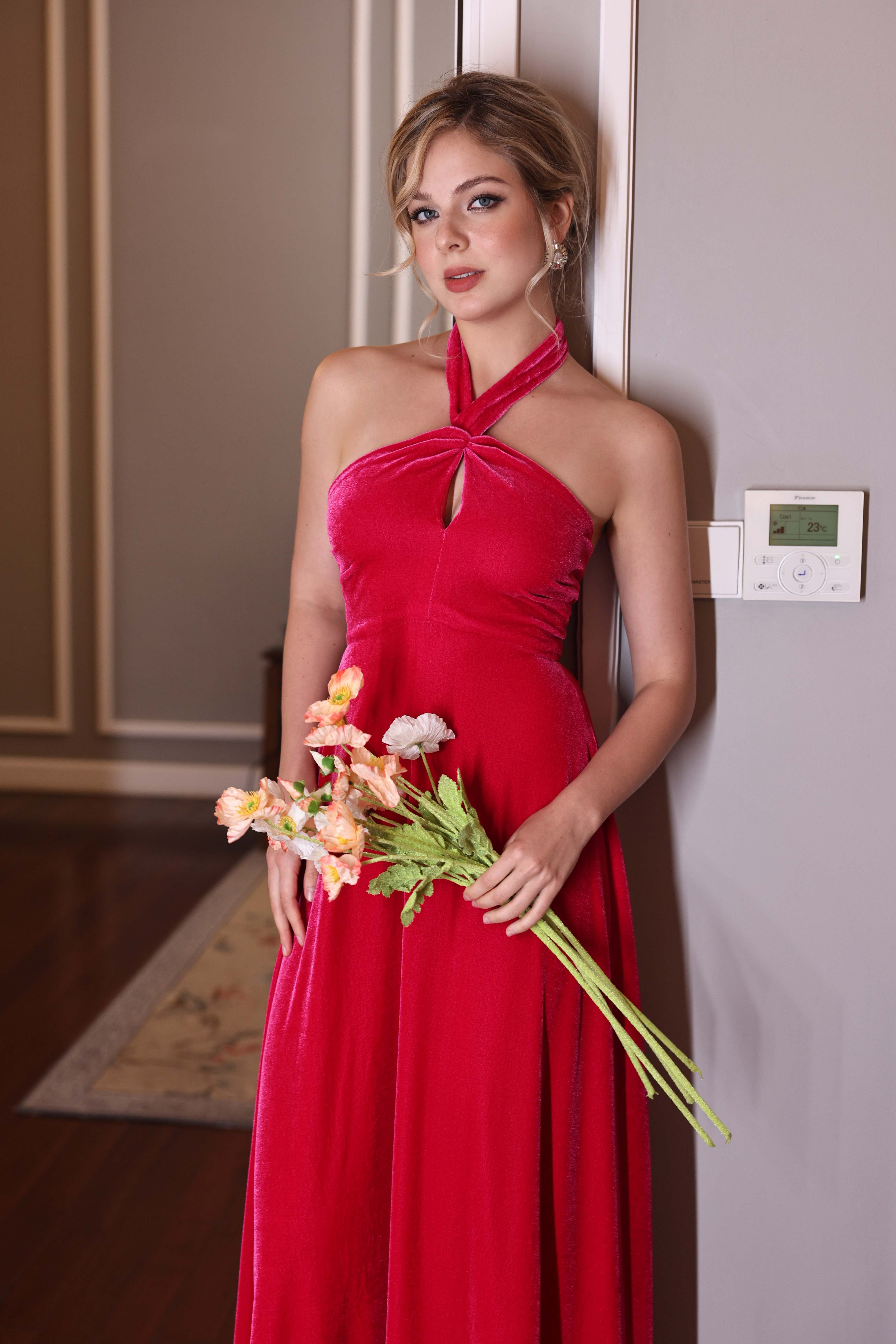 velvet halter formal dress