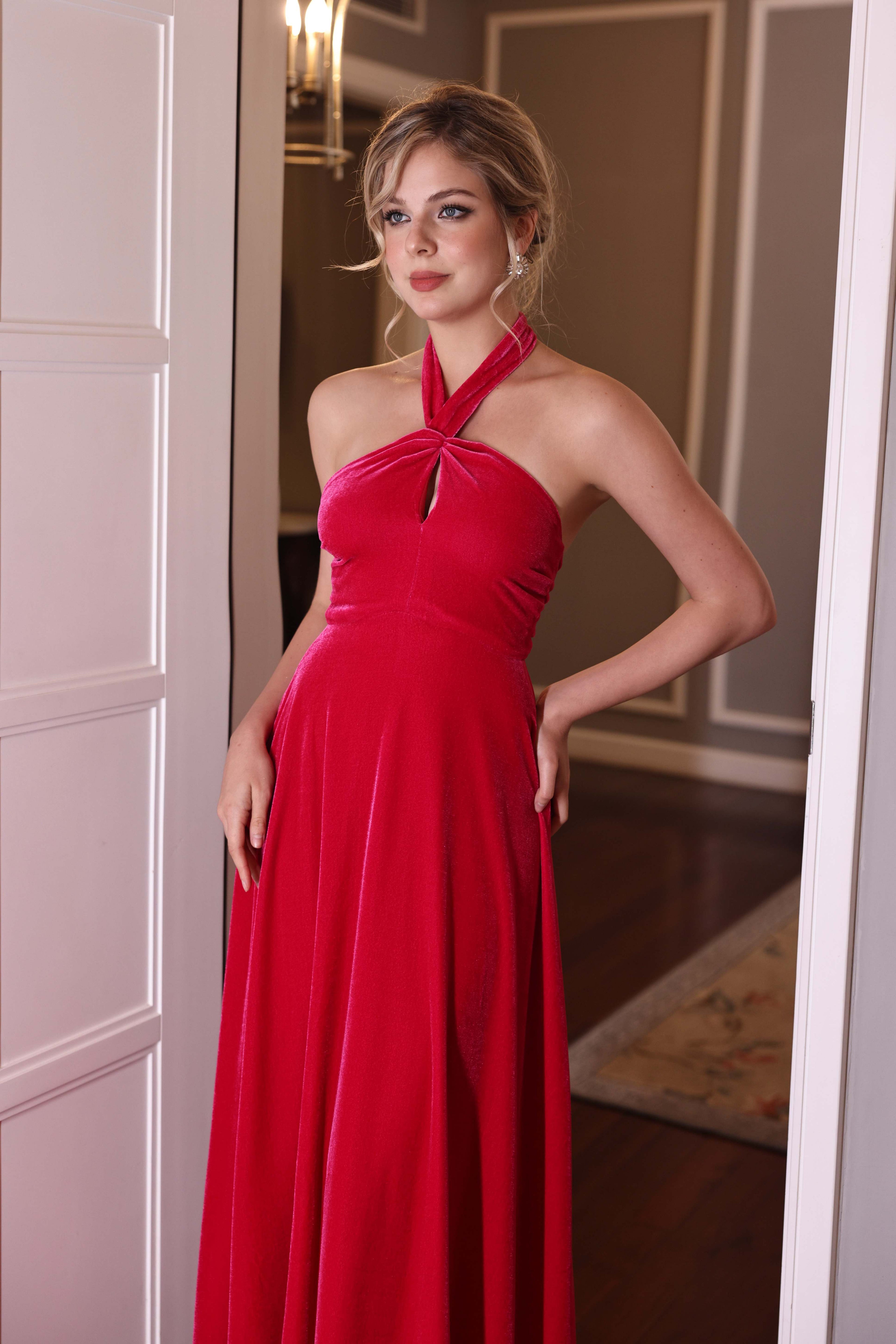 velvet halter formal dress