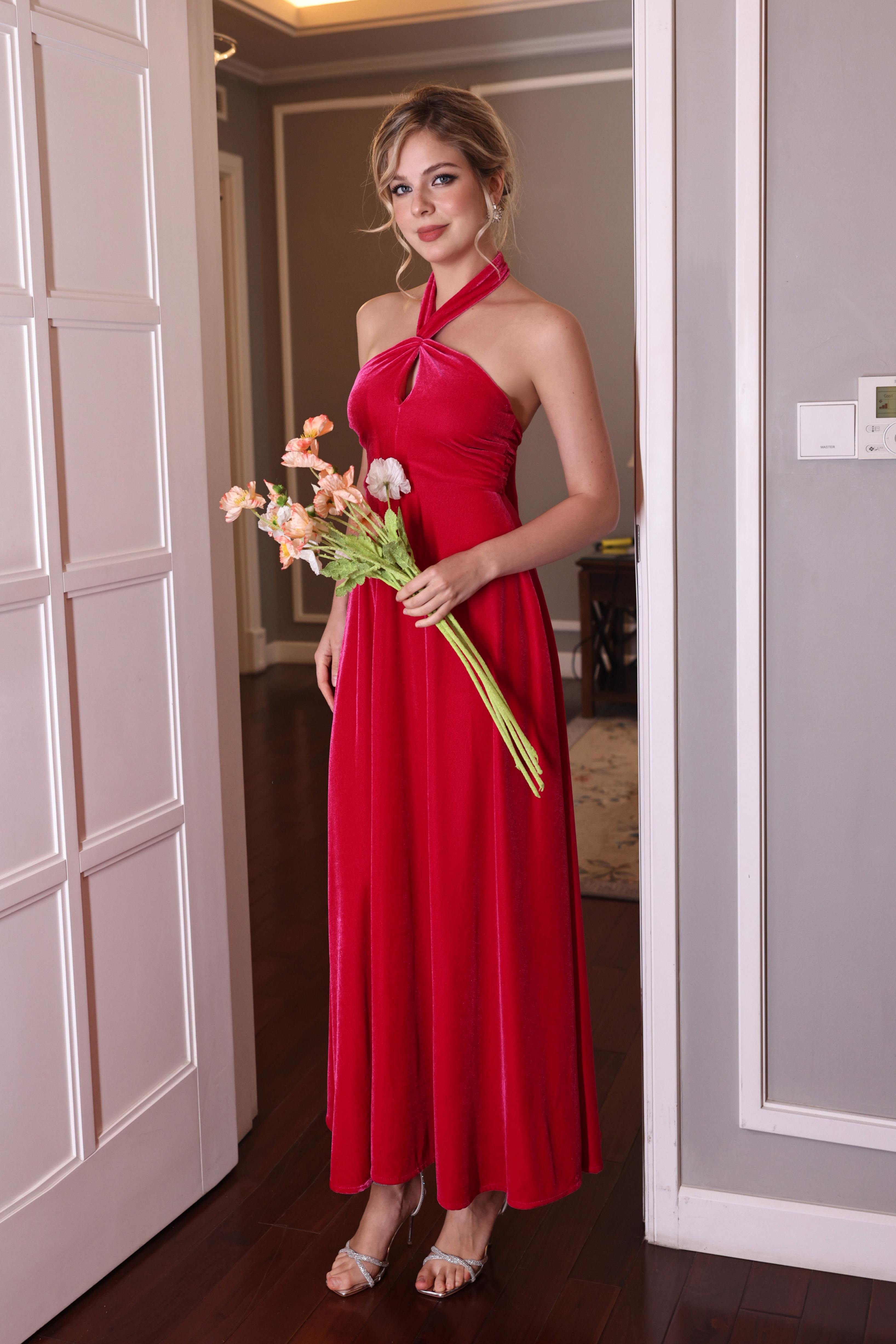 velvet halter formal dress
