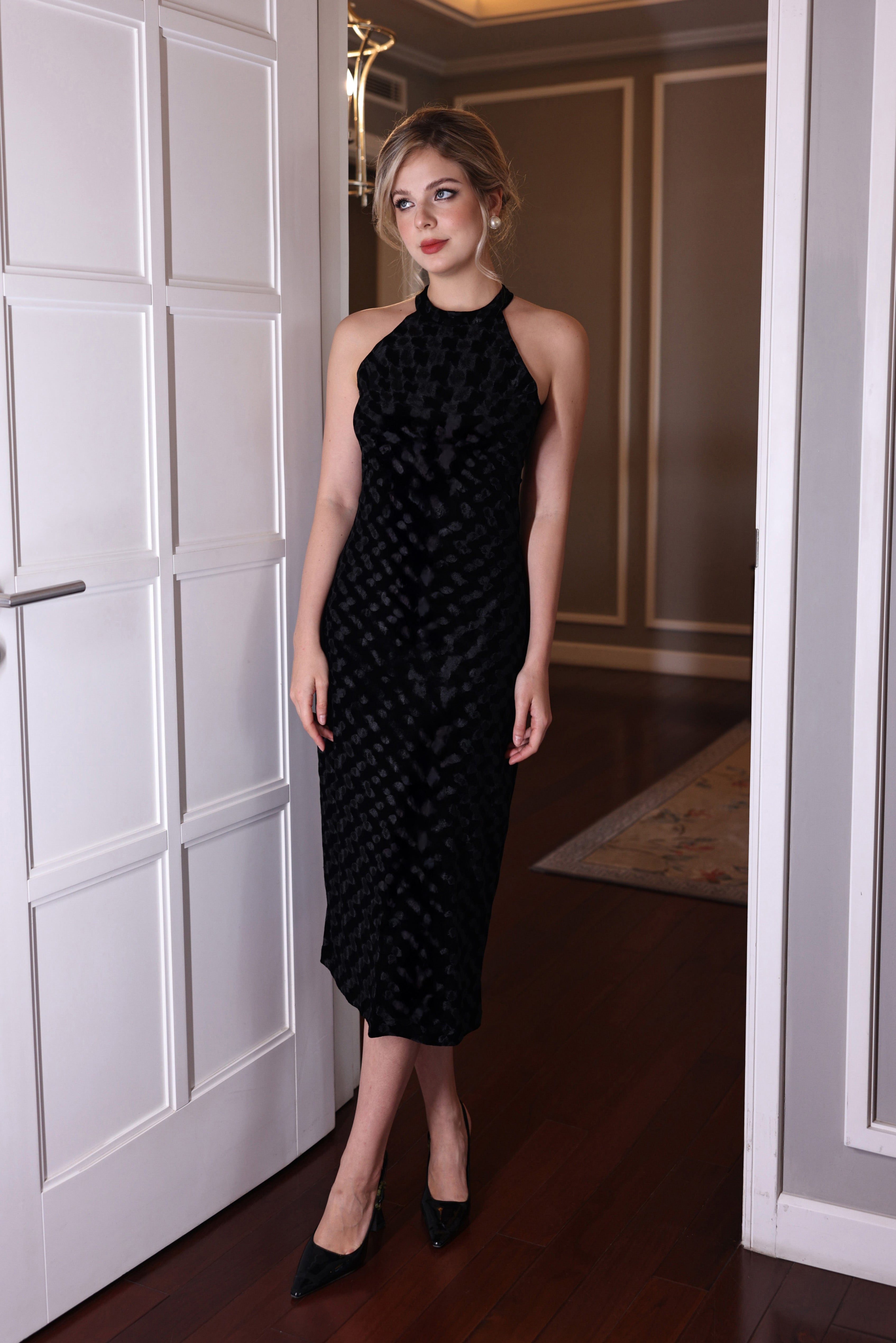 velvet halter neck dress