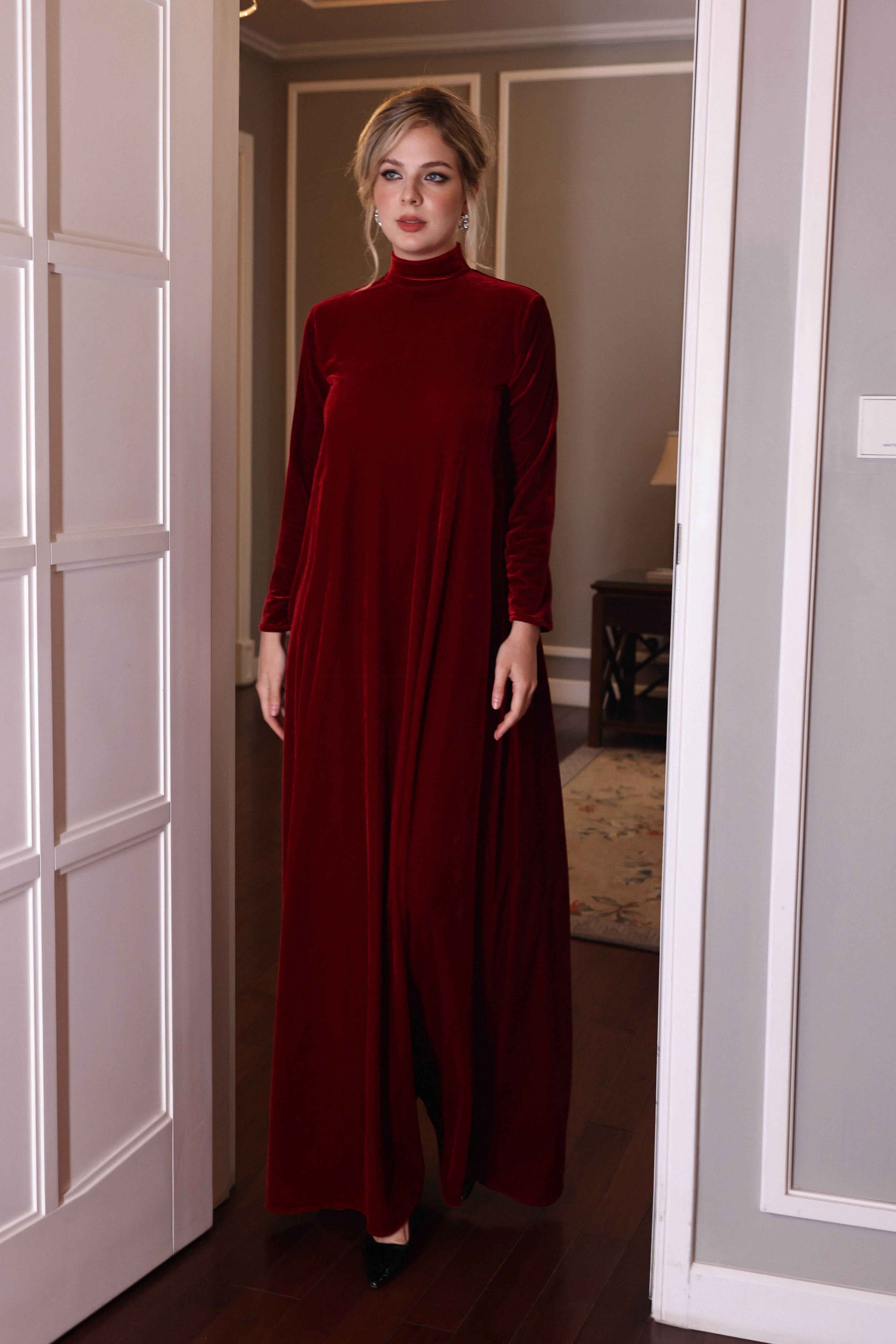 velvet high neck maxi dress