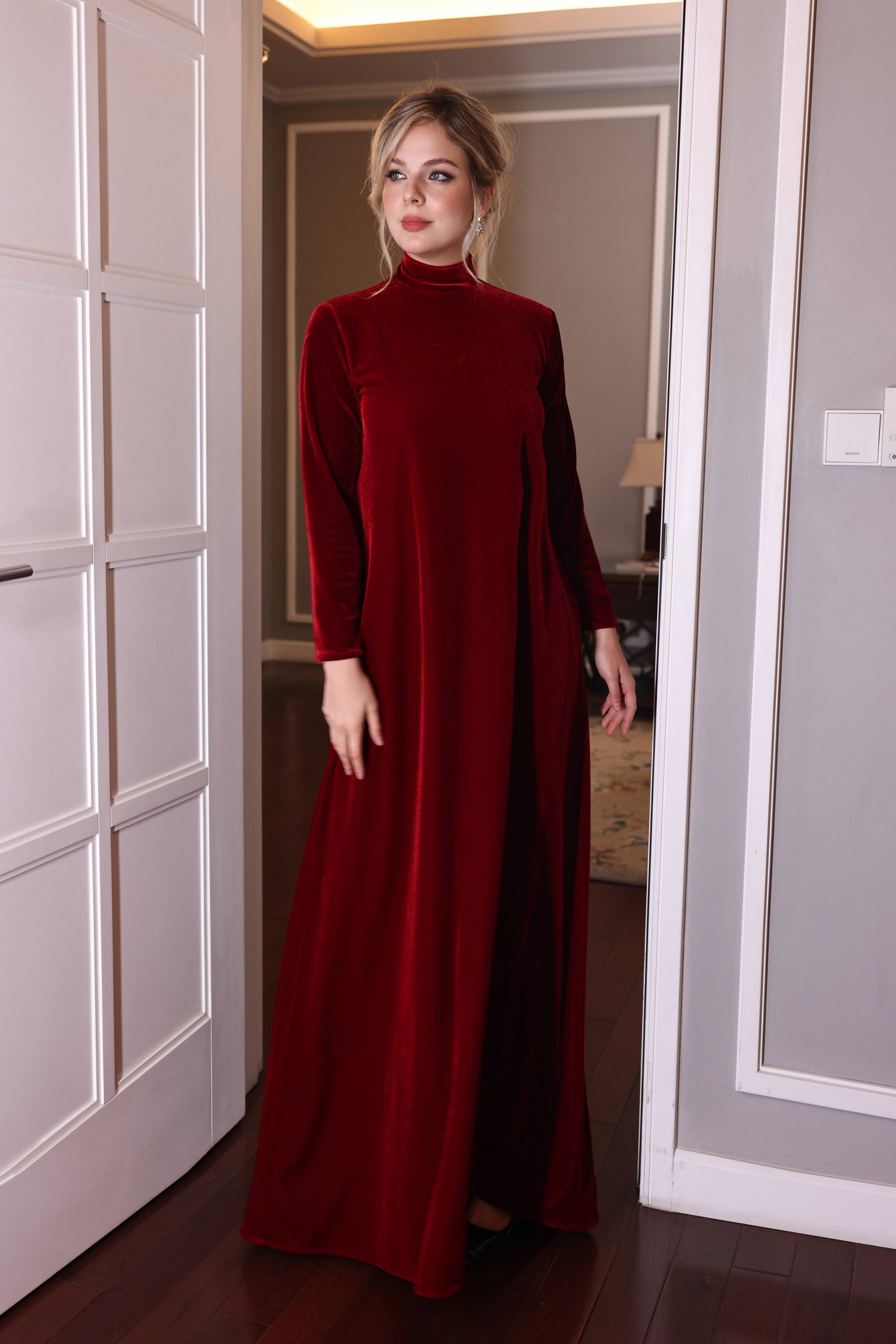 velvet high neck maxi dress