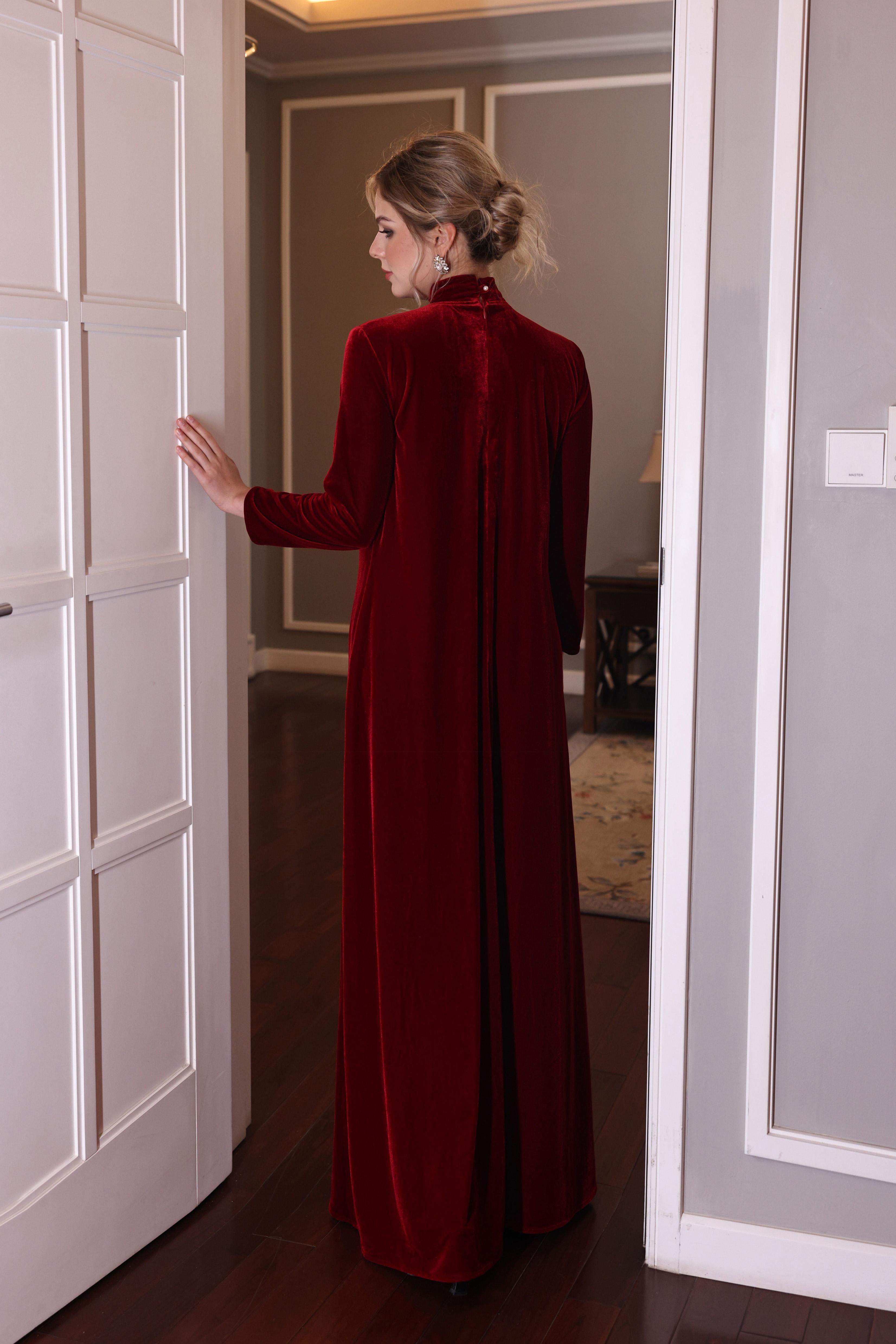 velvet high neck maxi dress