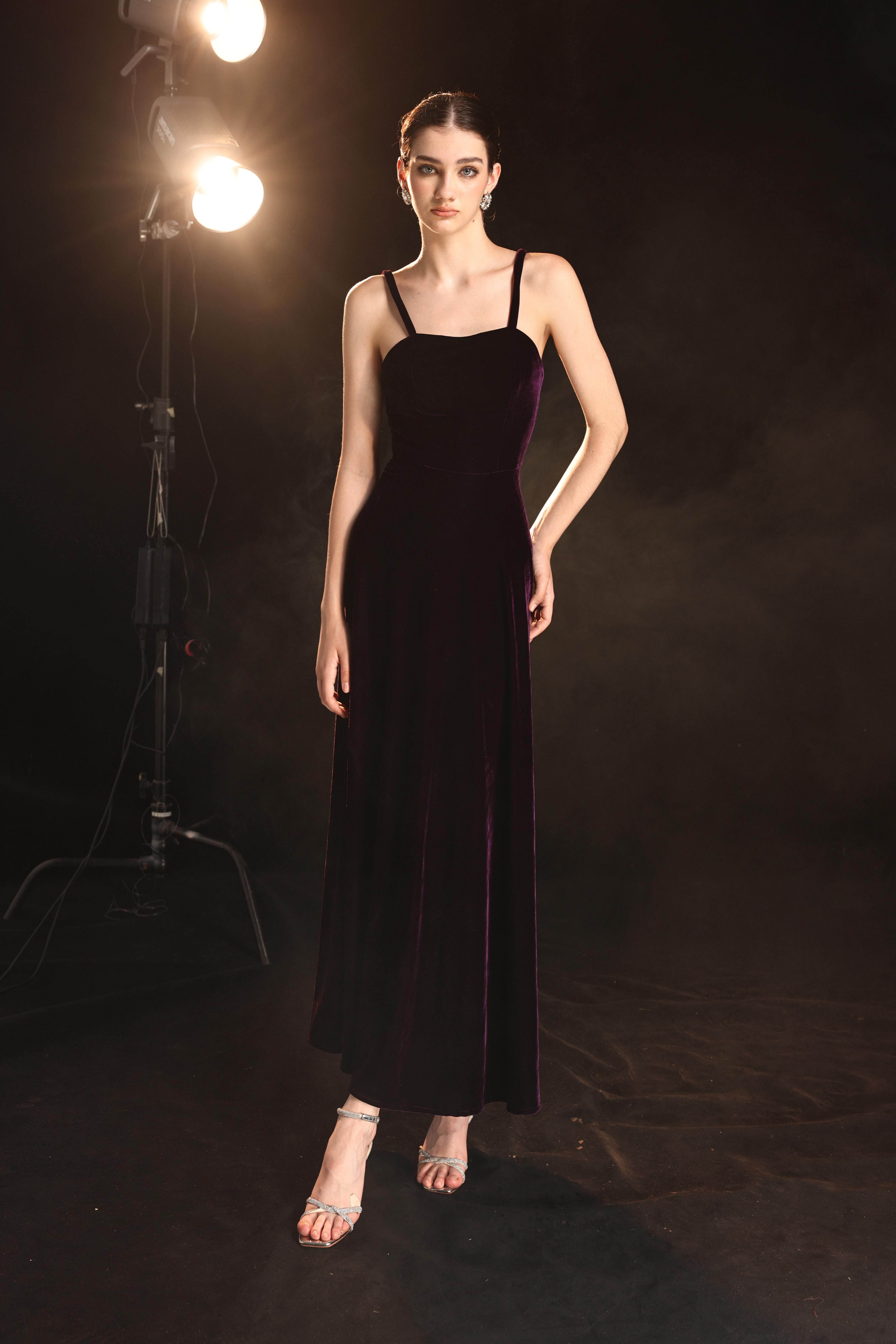Velvet spaghetti strap evening gown