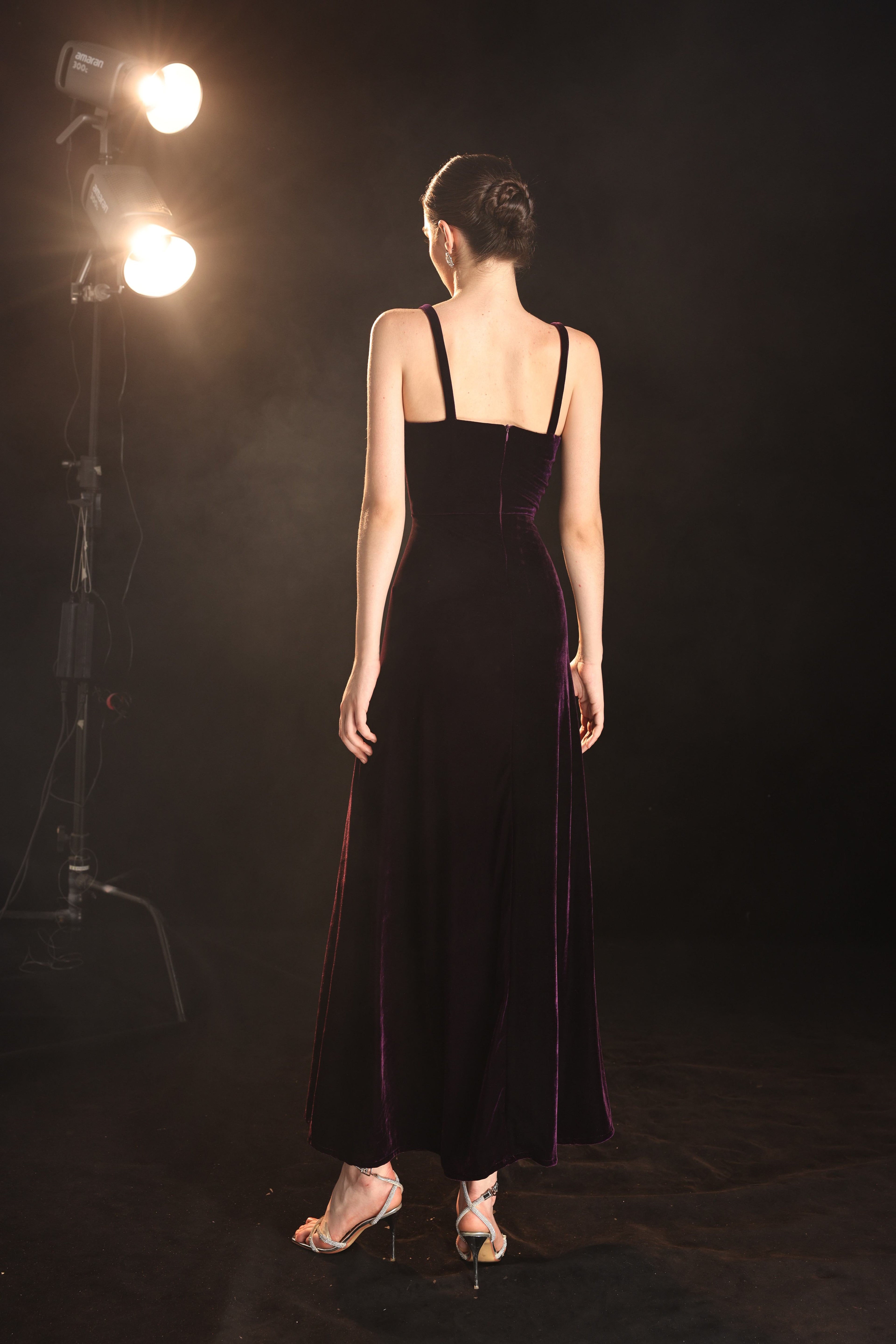Velvet spaghetti strap evening gown