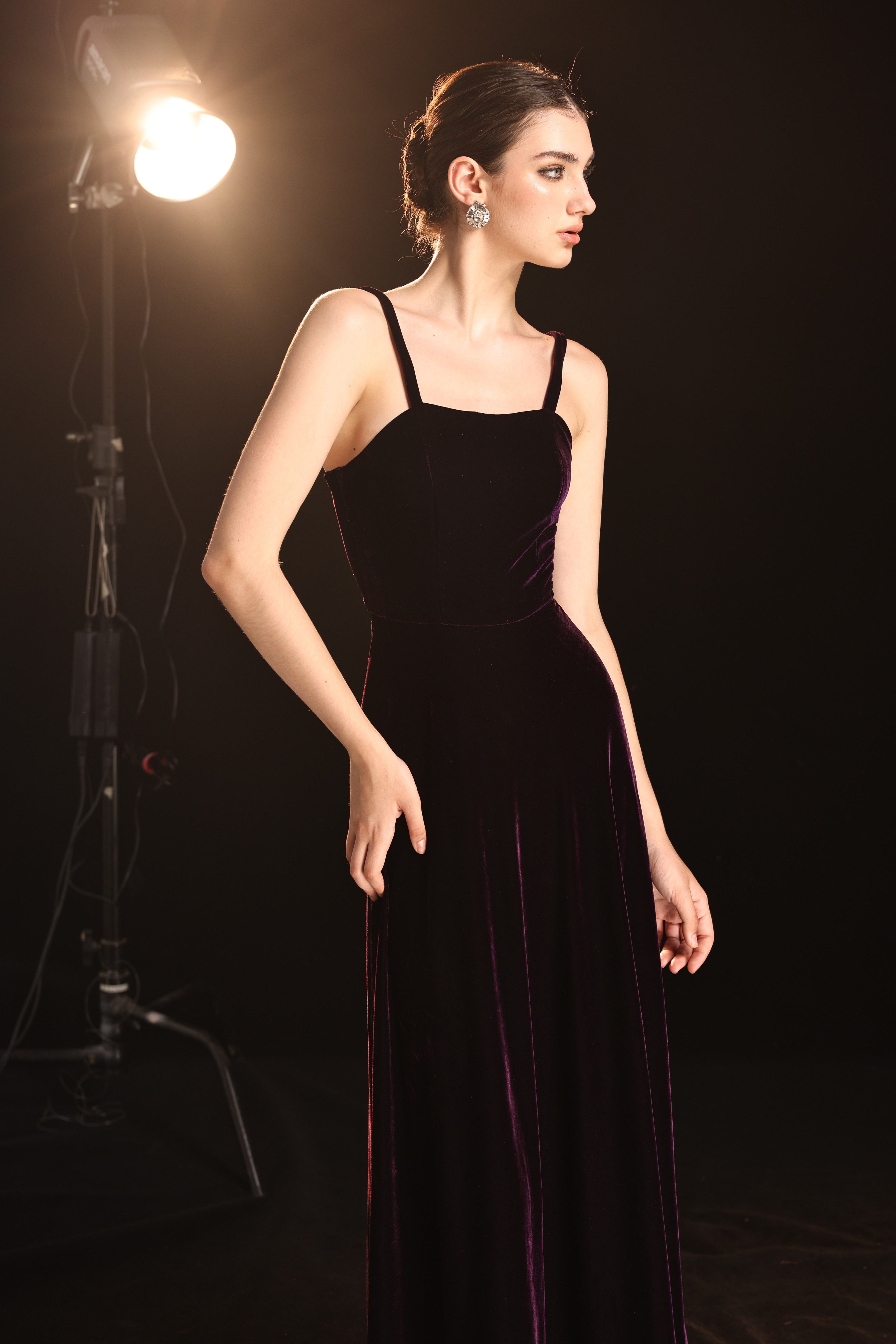 Velvet spaghetti strap evening gown