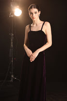 Velvet spaghetti strap evening gown