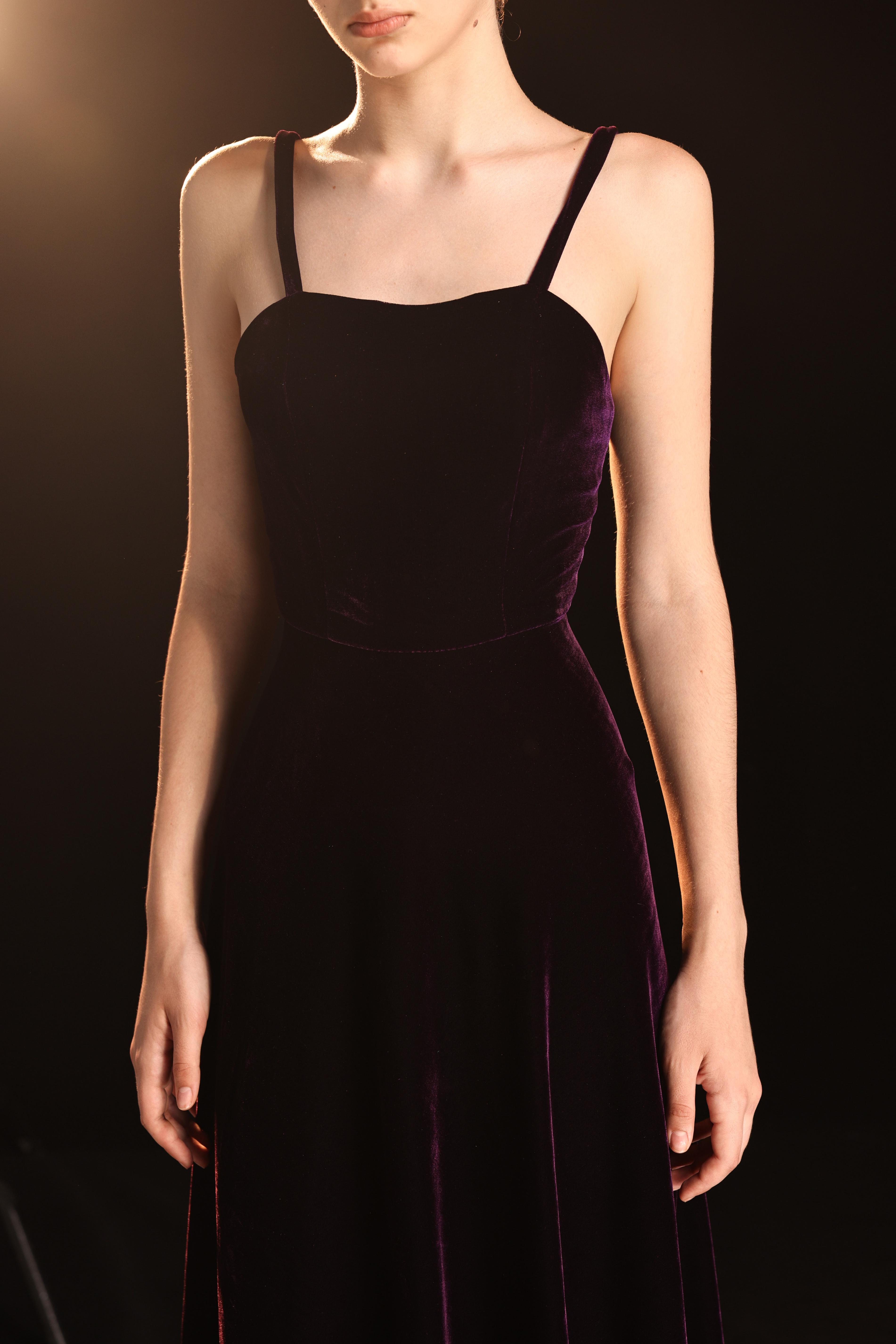Velvet spaghetti strap evening gown