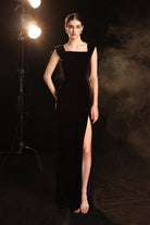Velvet thigh slit evening gown