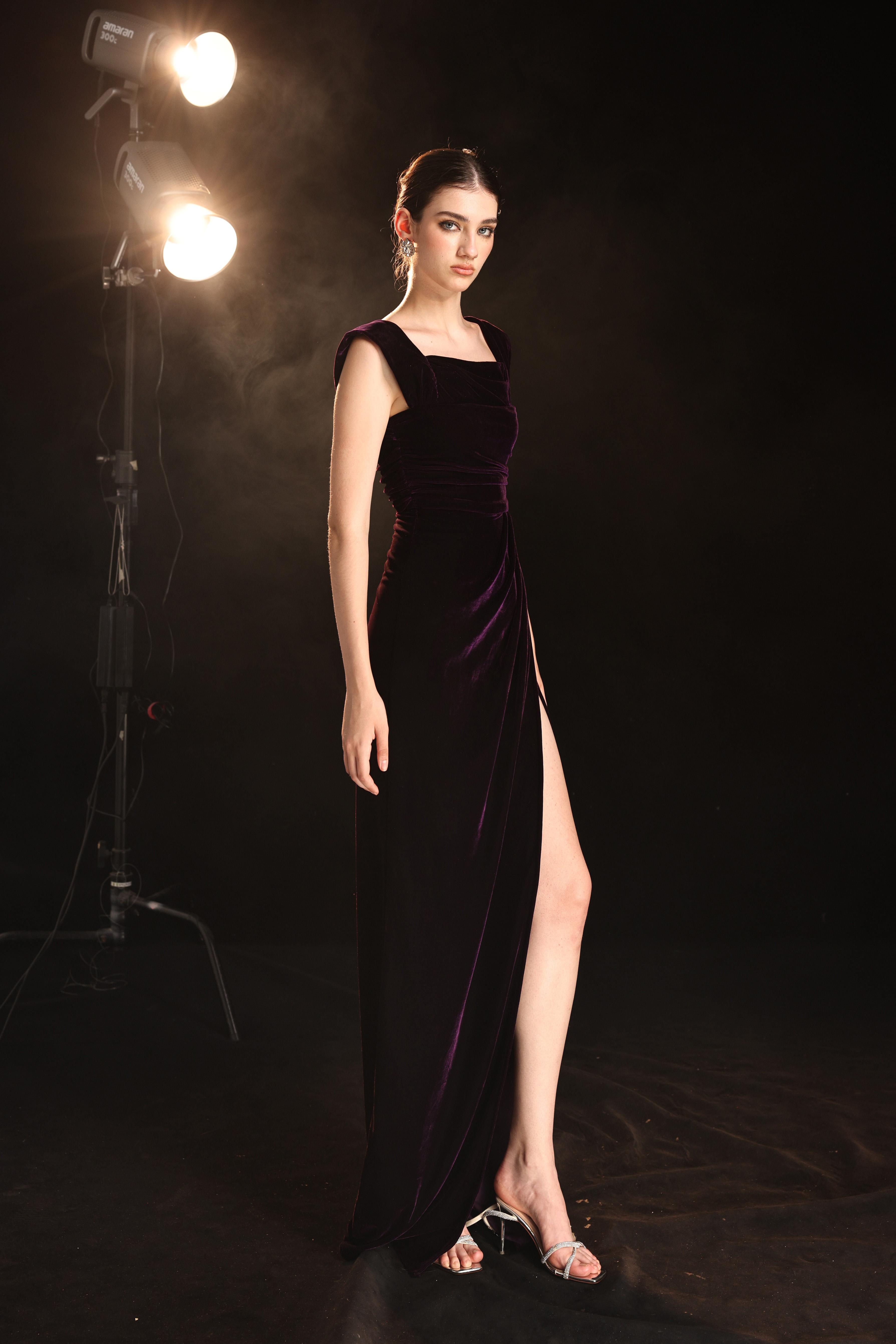 Velvet thigh slit evening gown