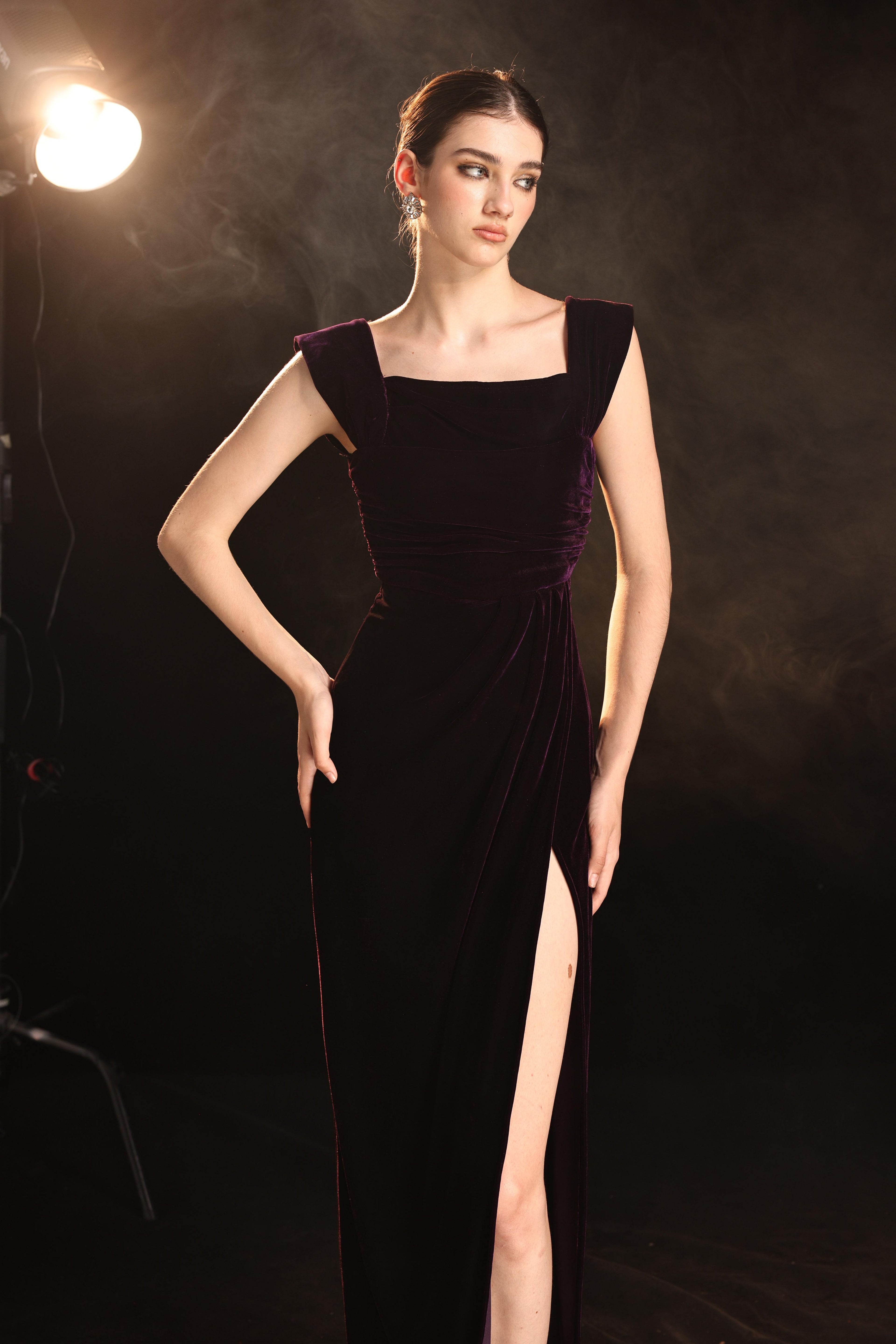 Velvet thigh slit evening gown