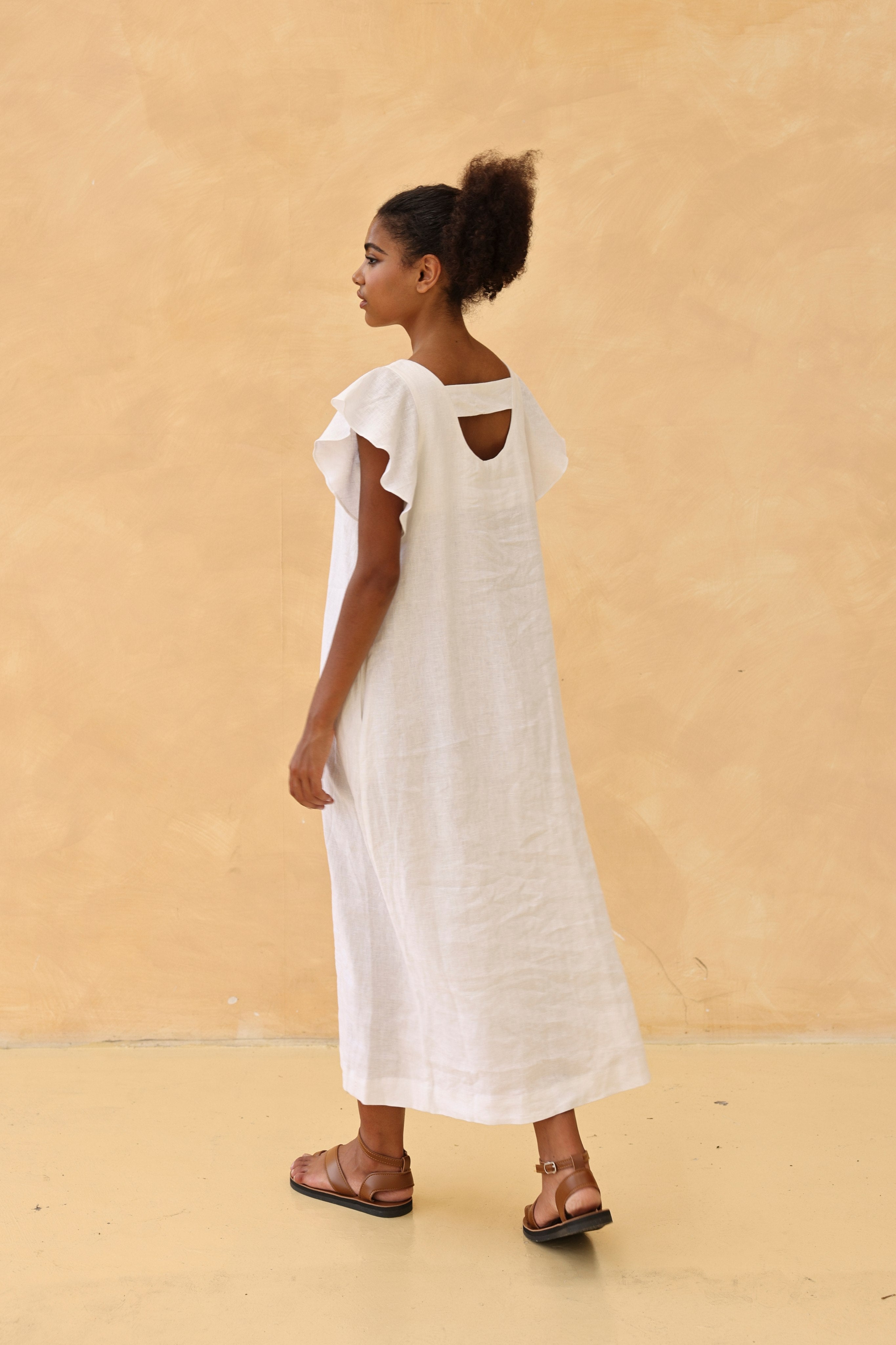 White flutter sleeve linen dress
