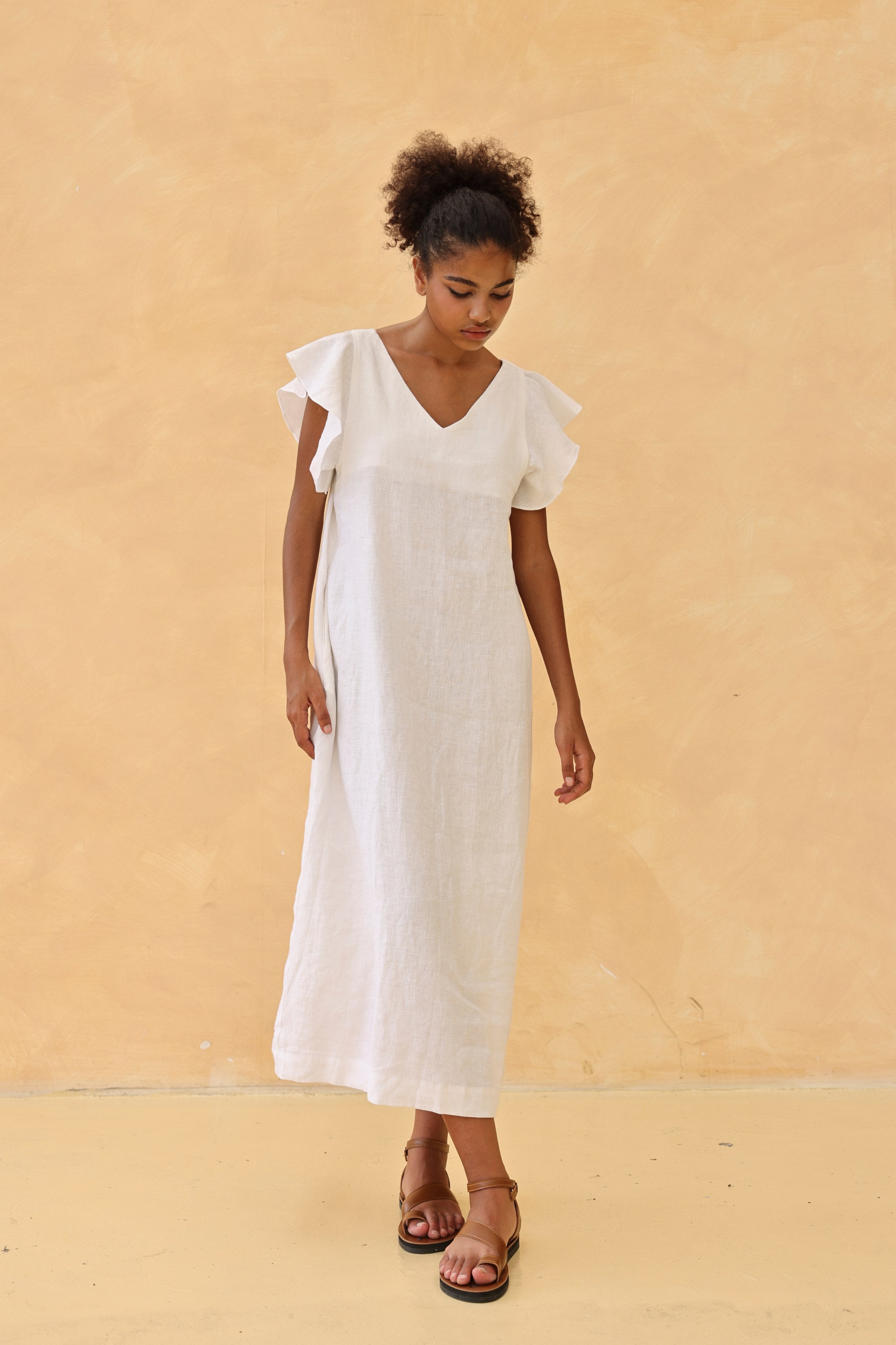 White flutter sleeve linen dress