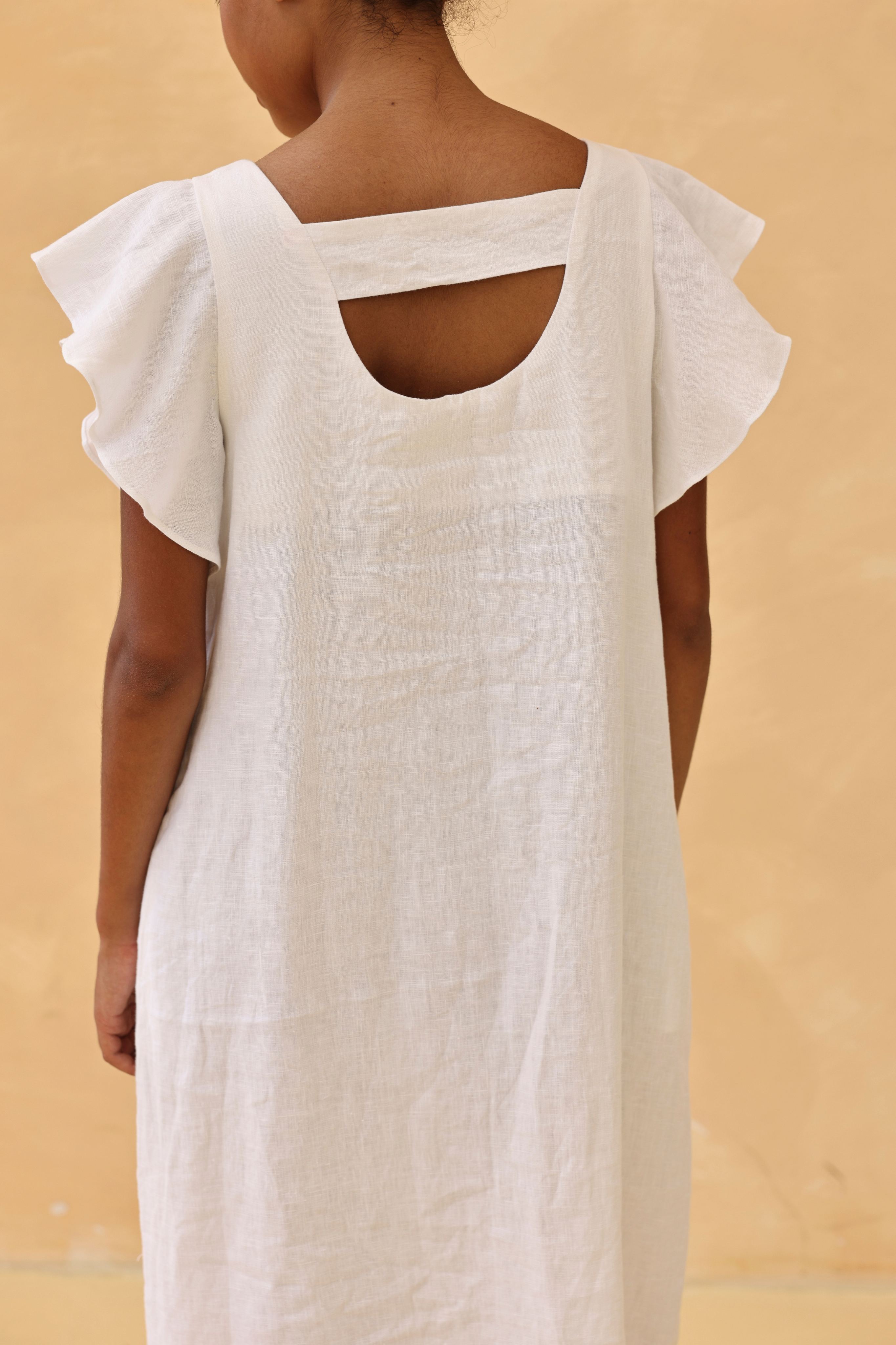 White flutter sleeve linen dress