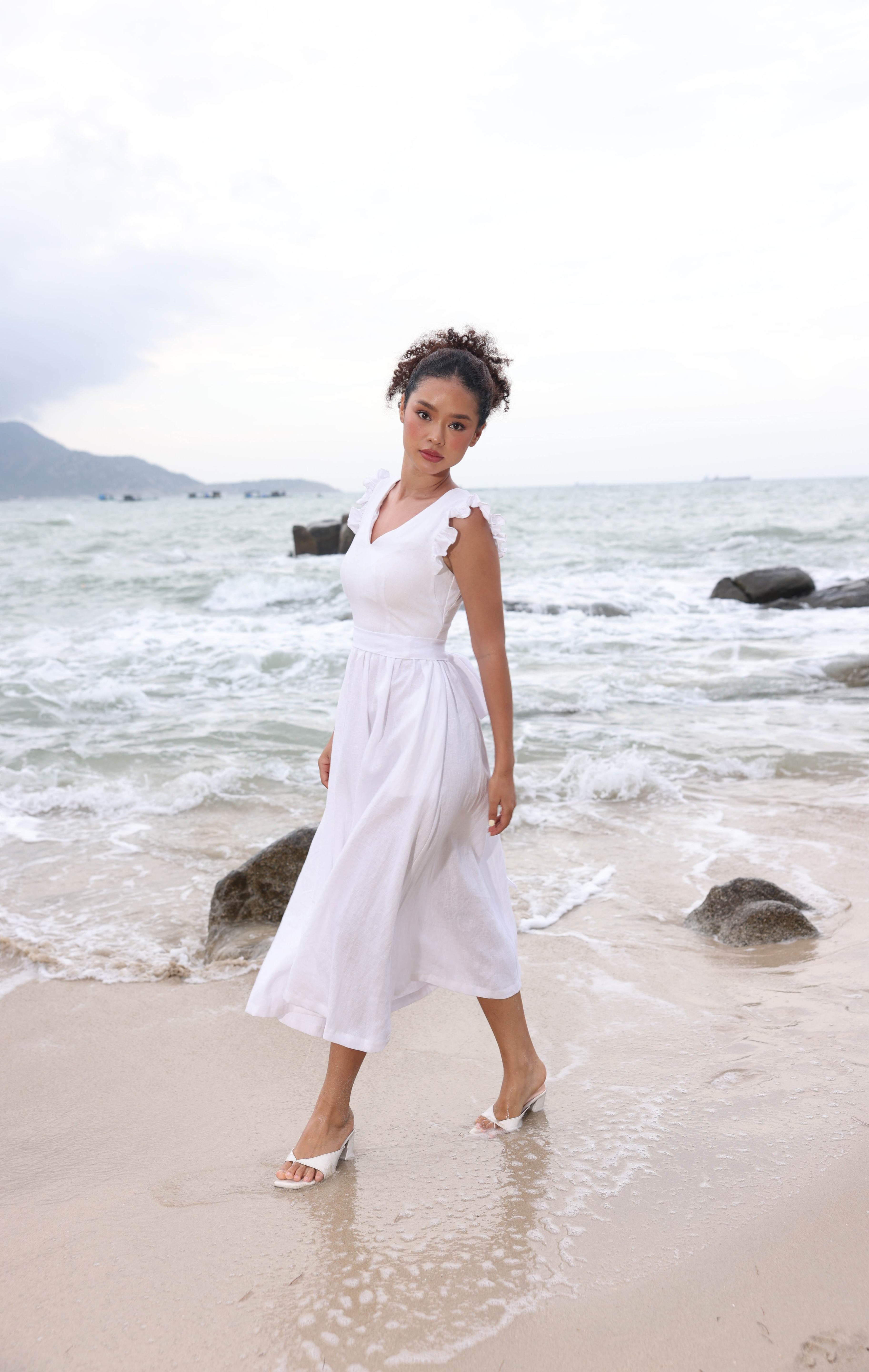 White ruffle linen midi dress
