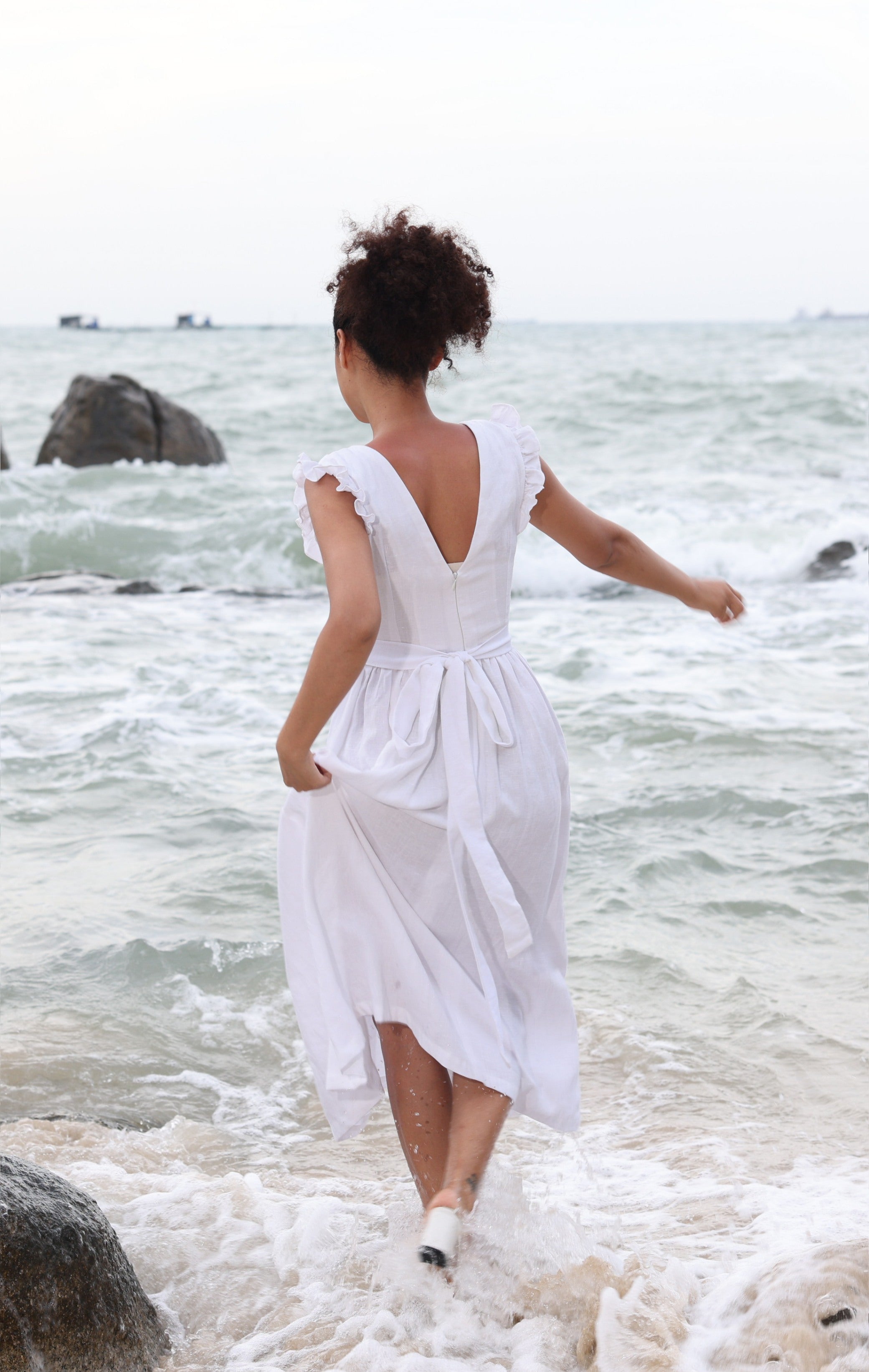White ruffle linen midi dress