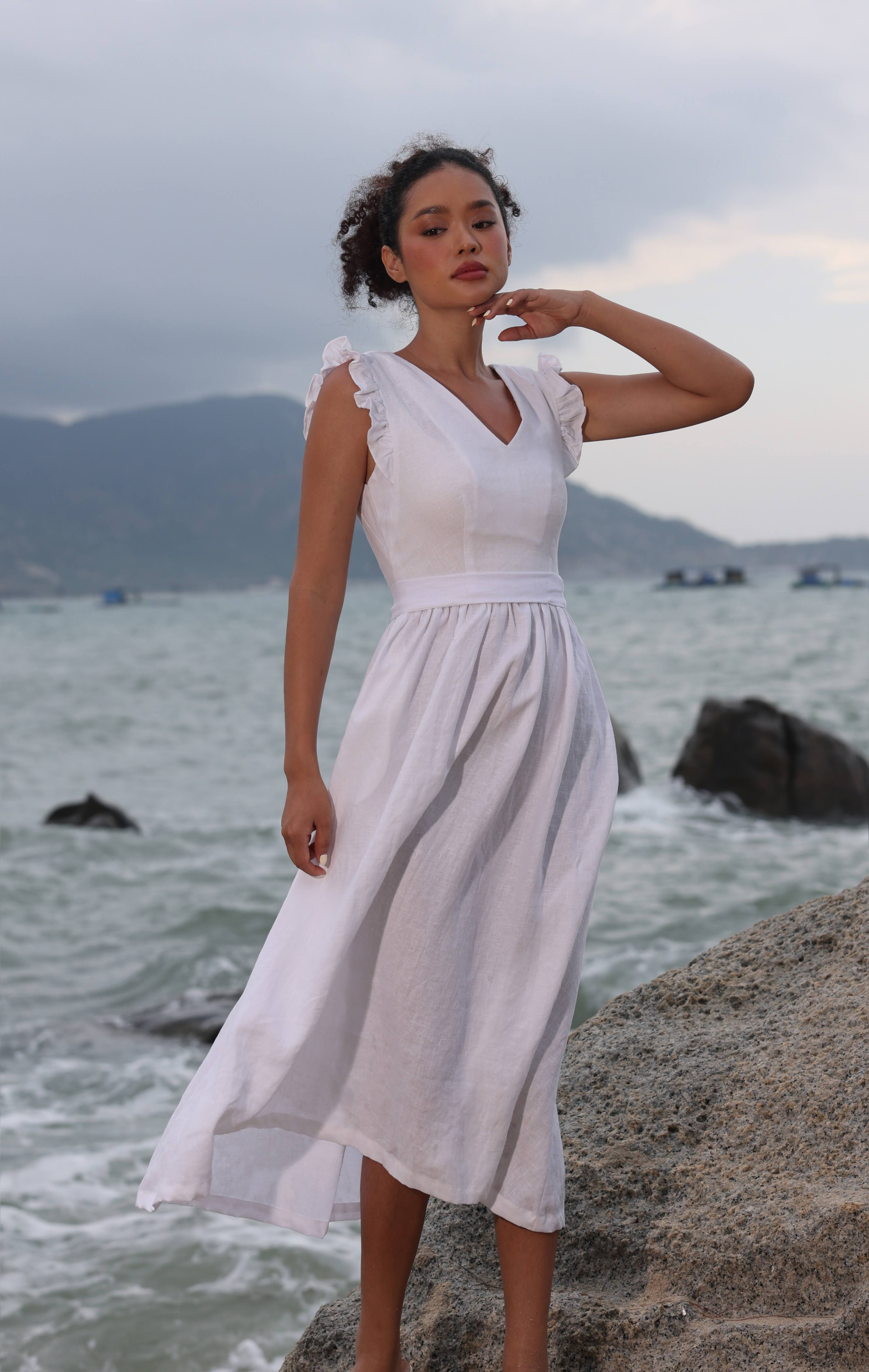 White ruffle linen midi dress