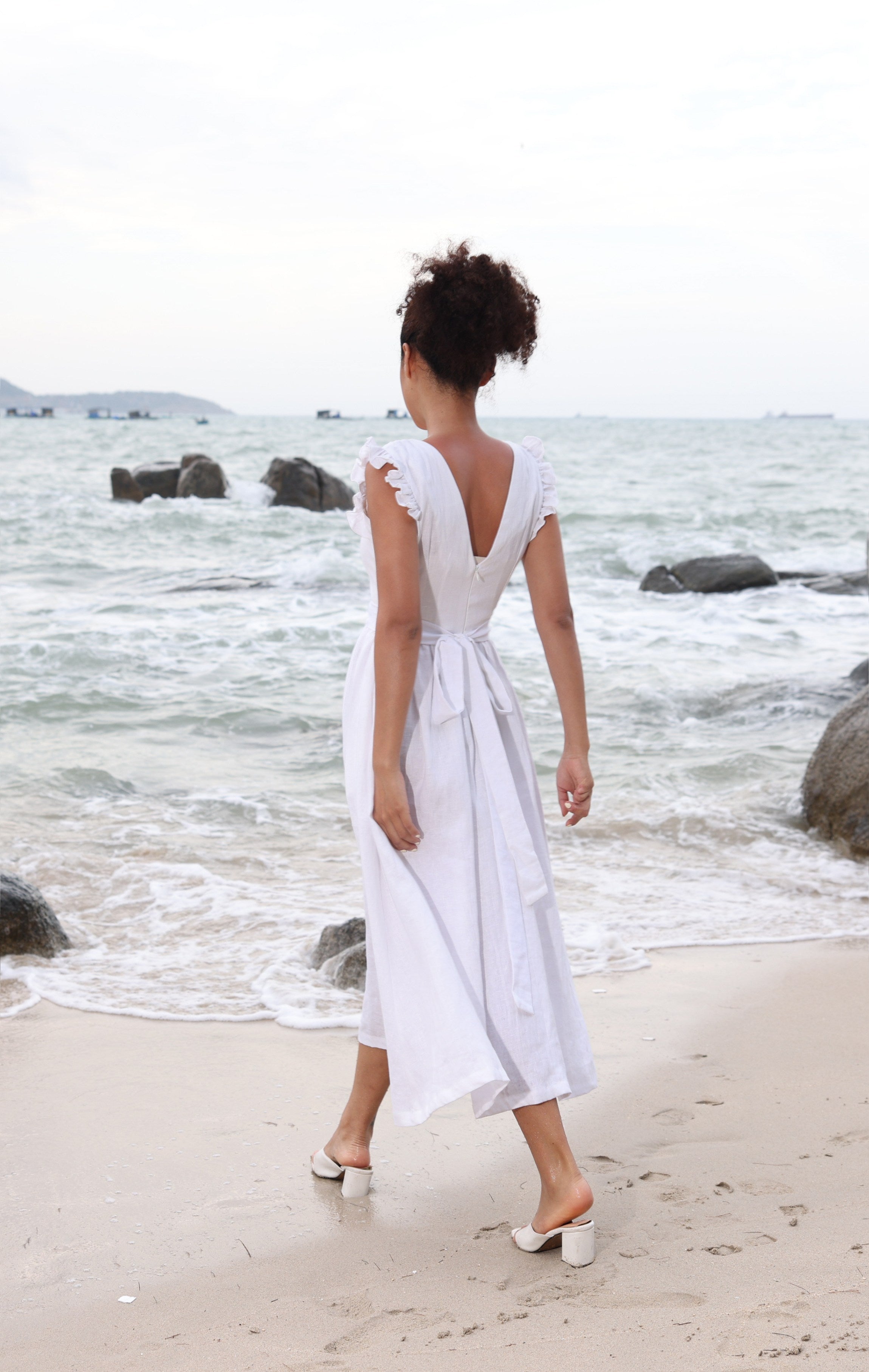 White ruffle linen midi dress