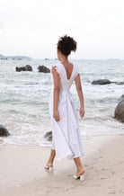 White ruffle linen midi dress