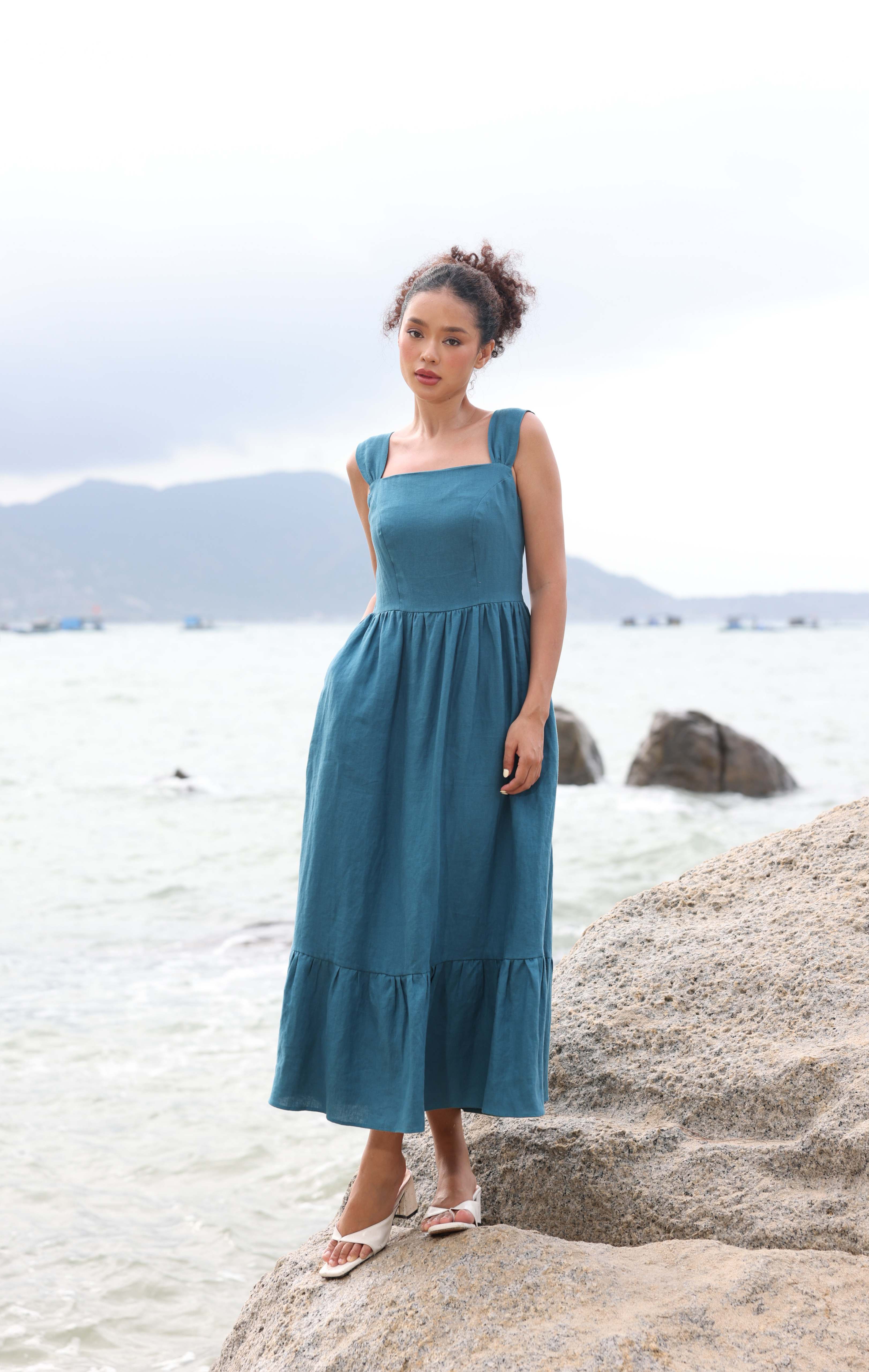 Wide strap linen dress
