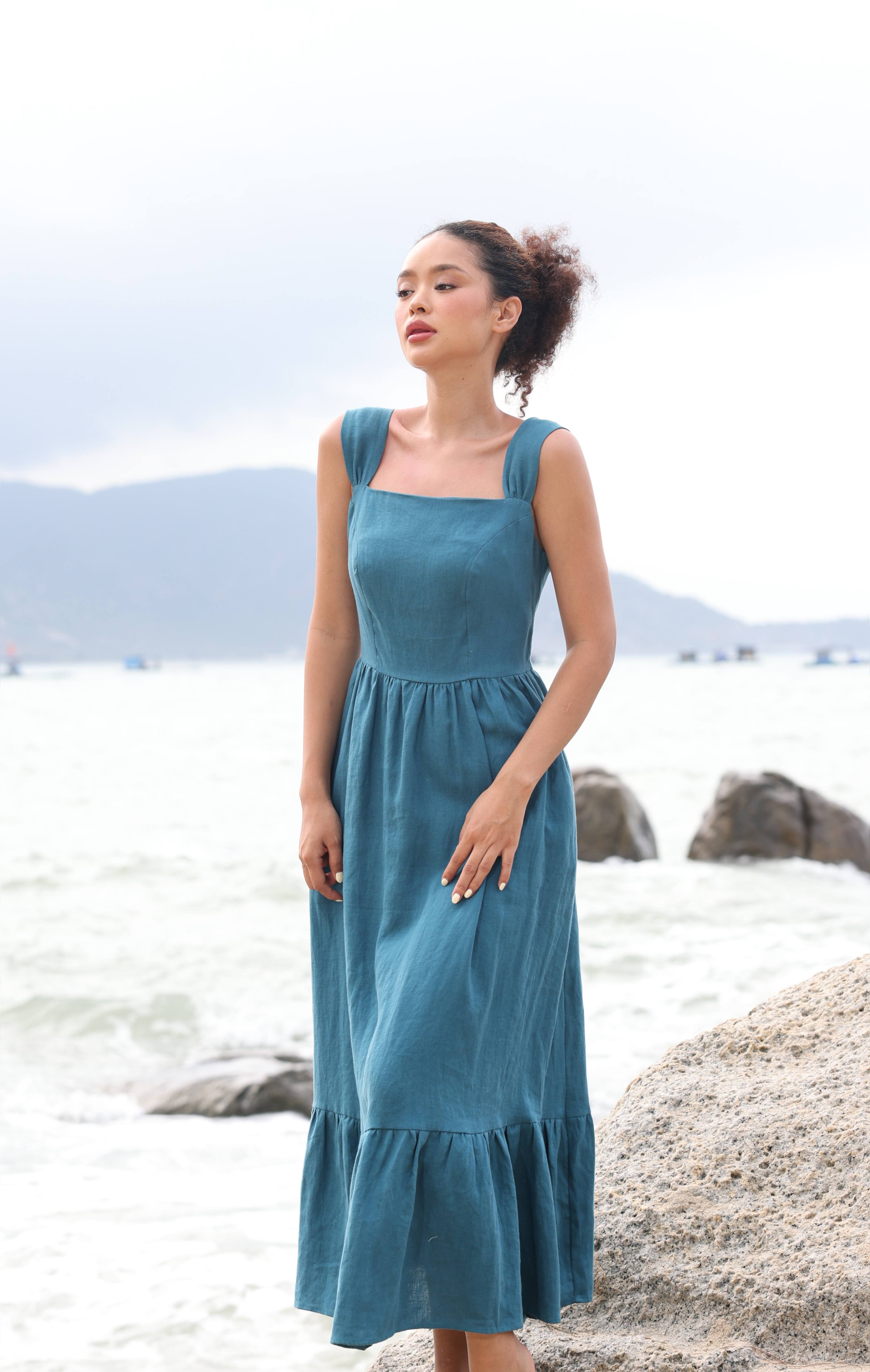 Wide strap linen dress