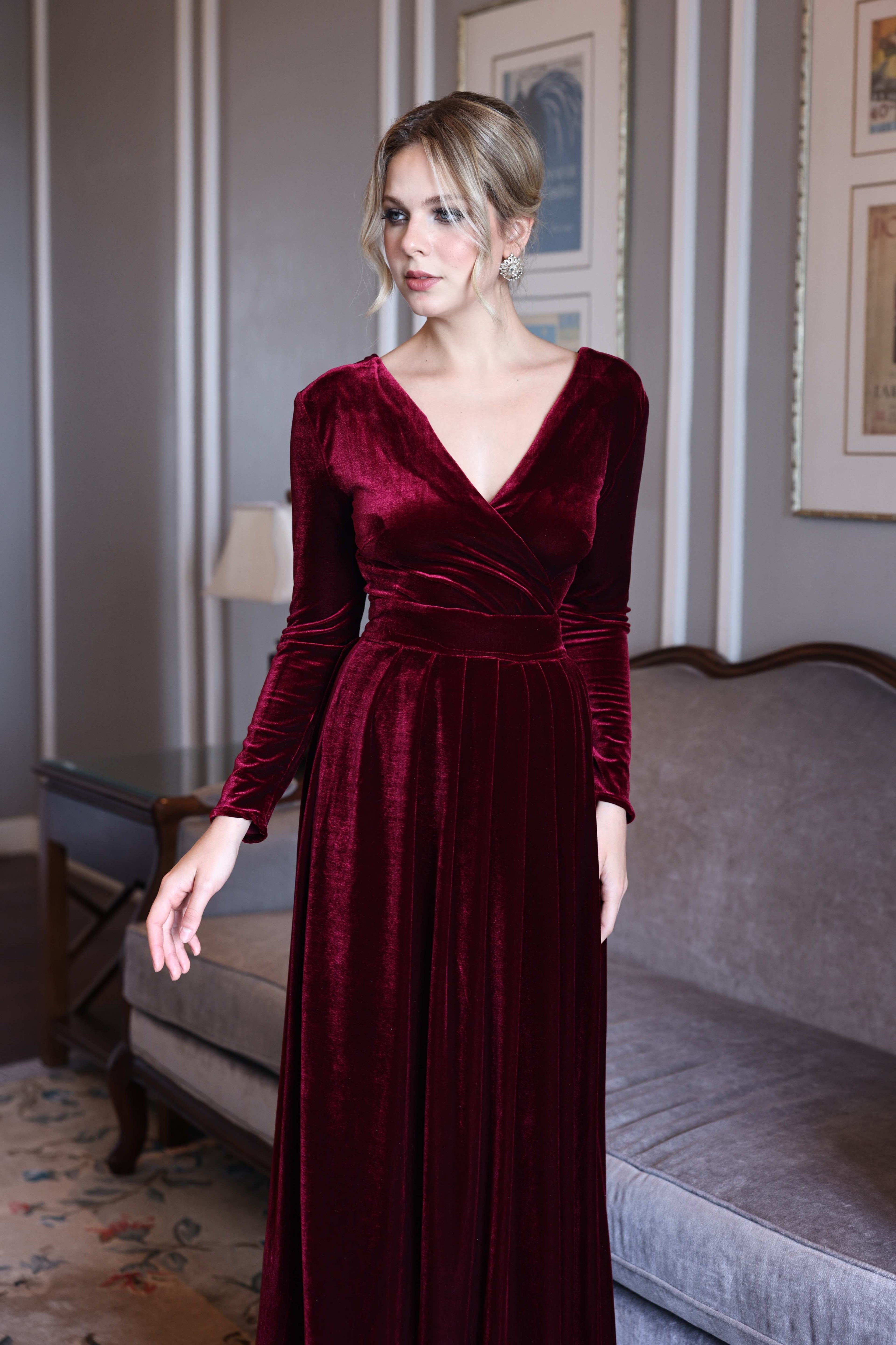 Winter velvet gown with long sleeves