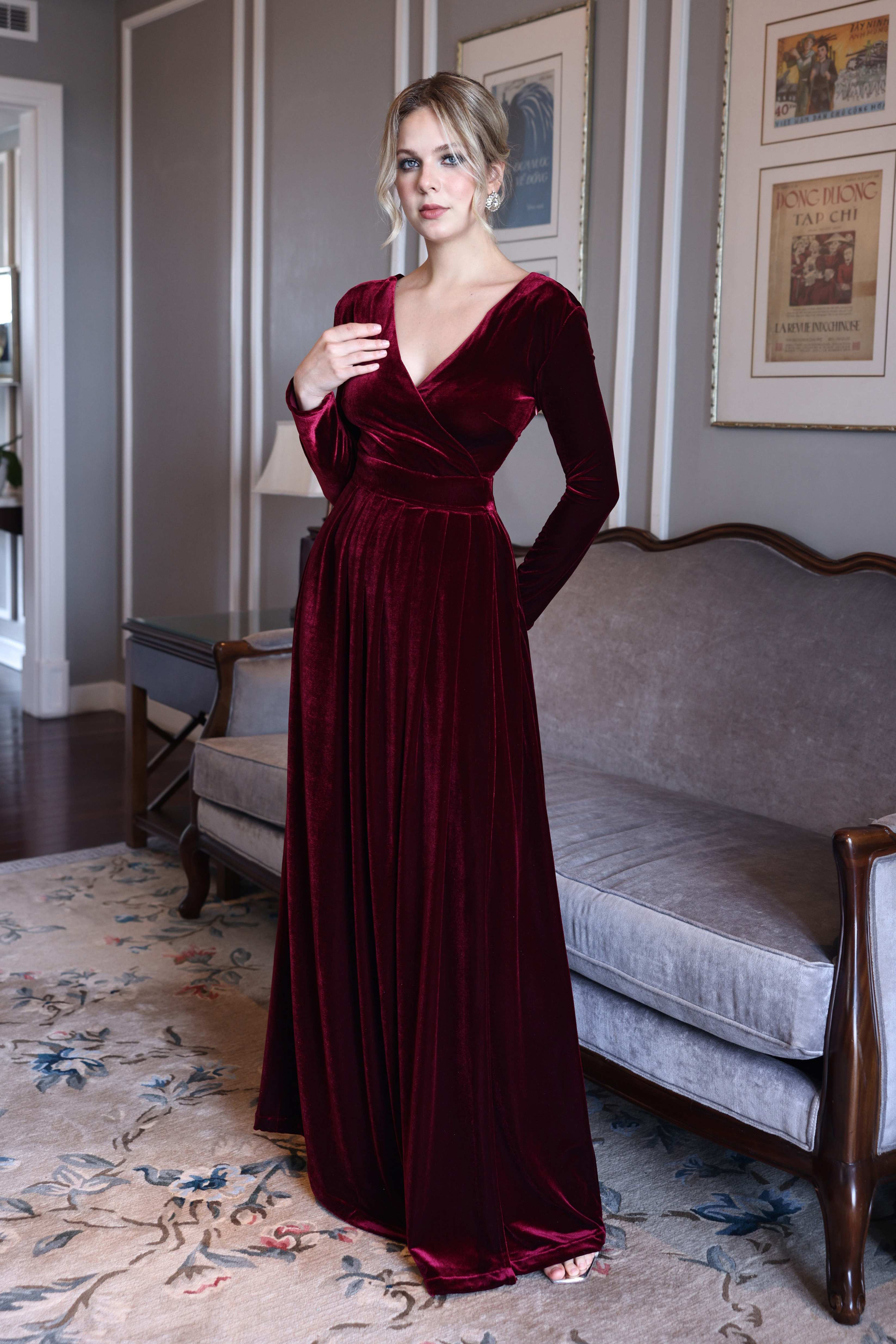 Winter velvet gown with long sleeves