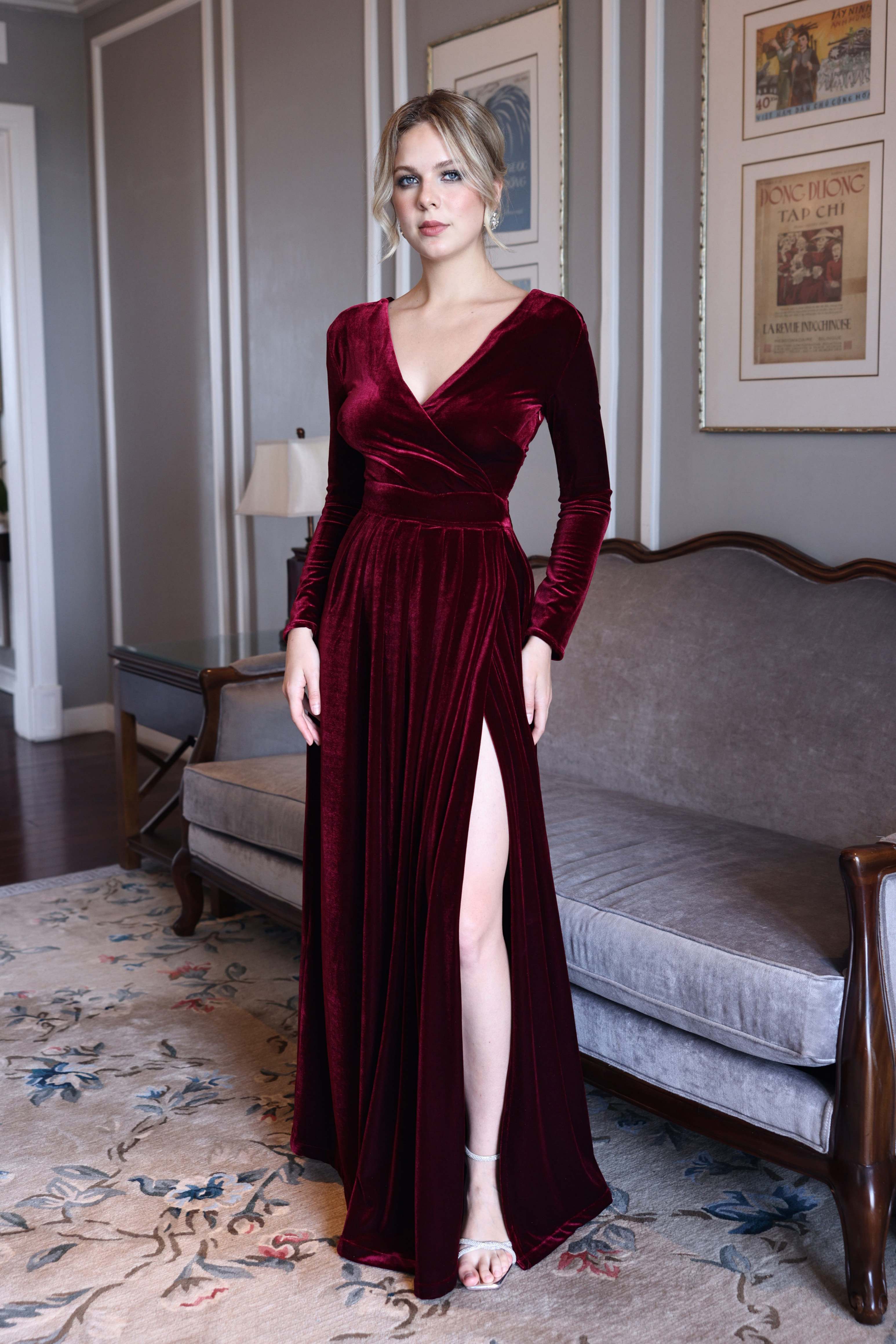 Winter velvet gown with long sleeves