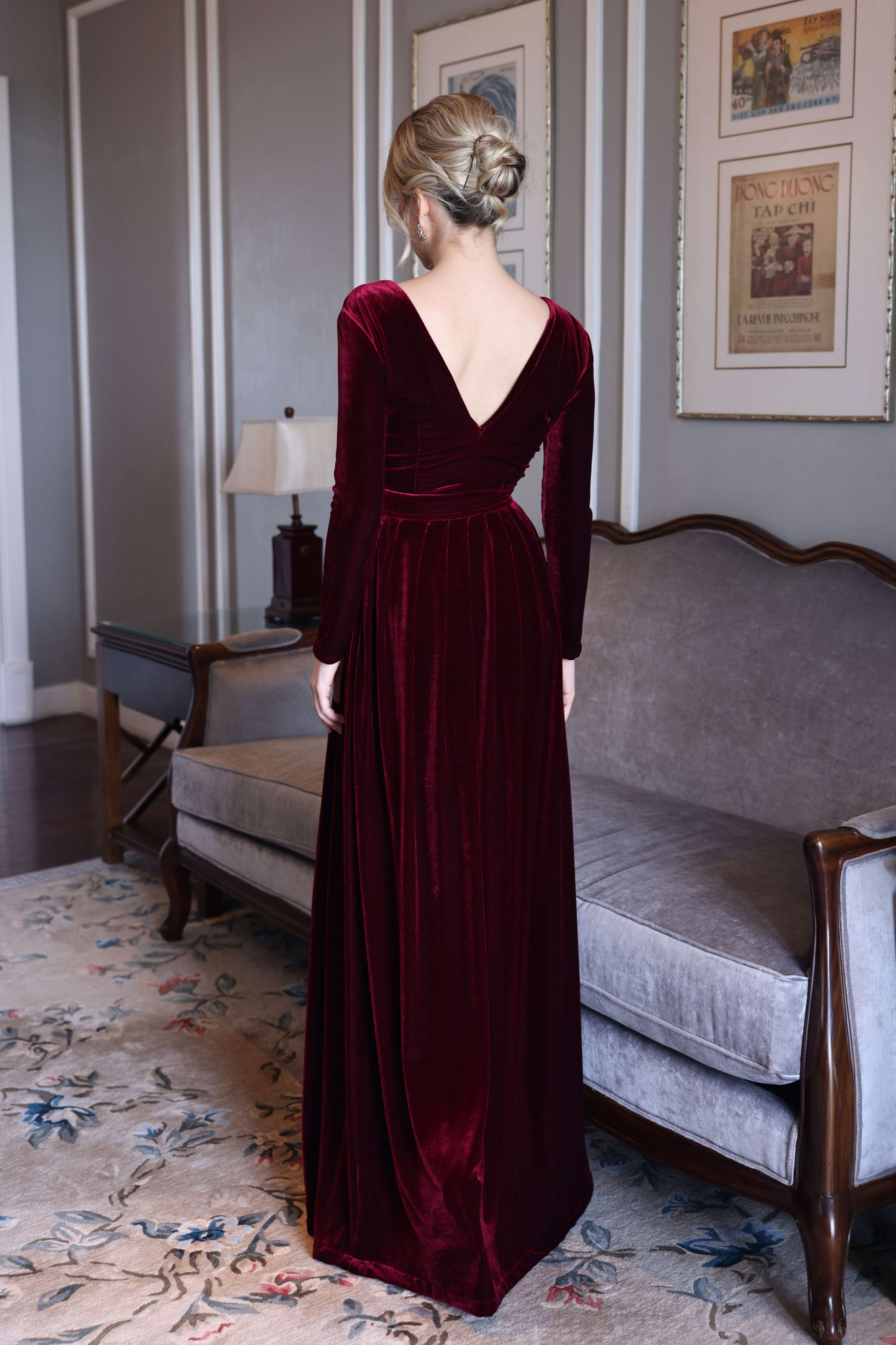 Winter velvet gown with long sleeves