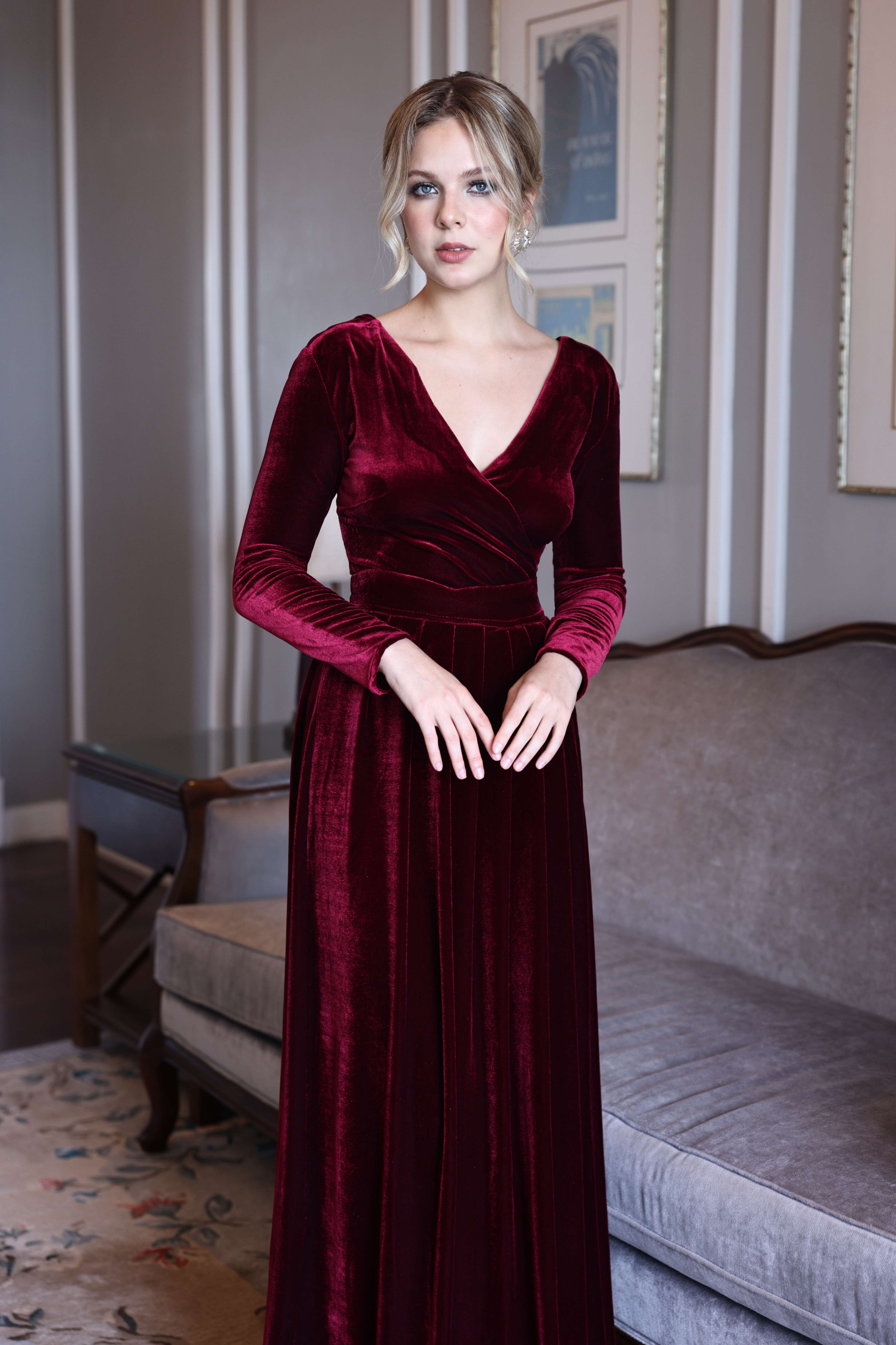 Winter velvet gown with long sleeves