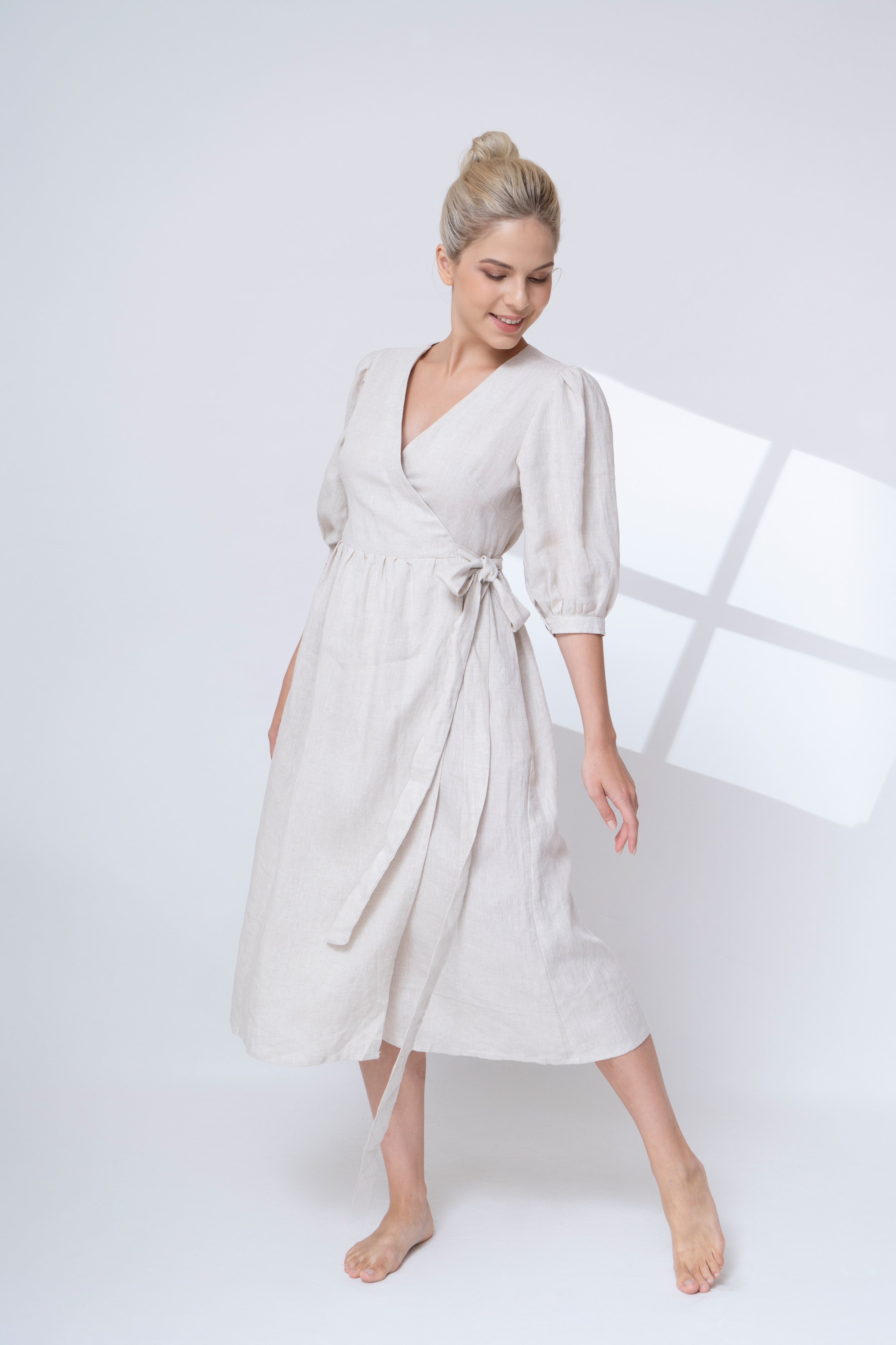 wrap linen midi dress 