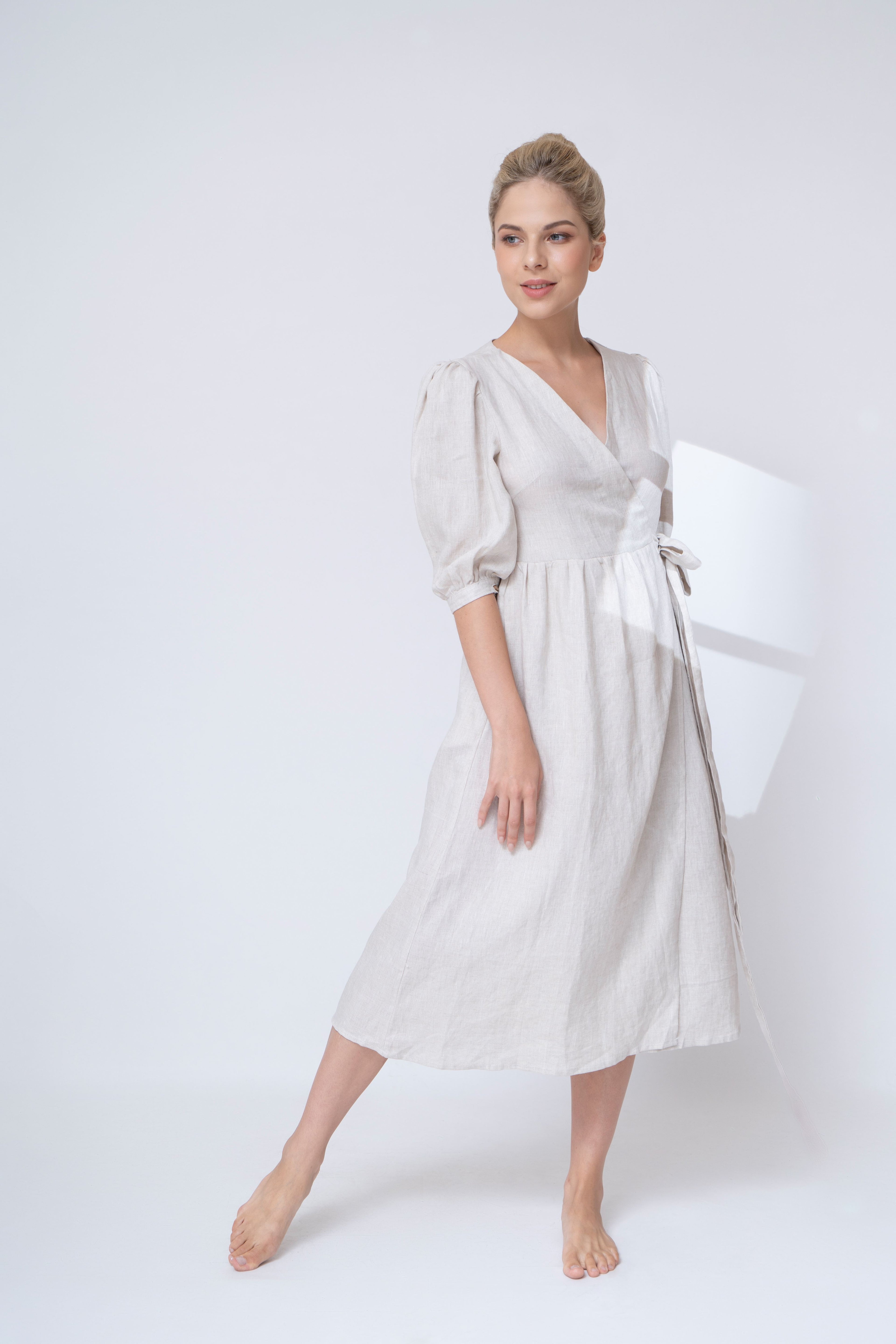 wrap linen midi dress 