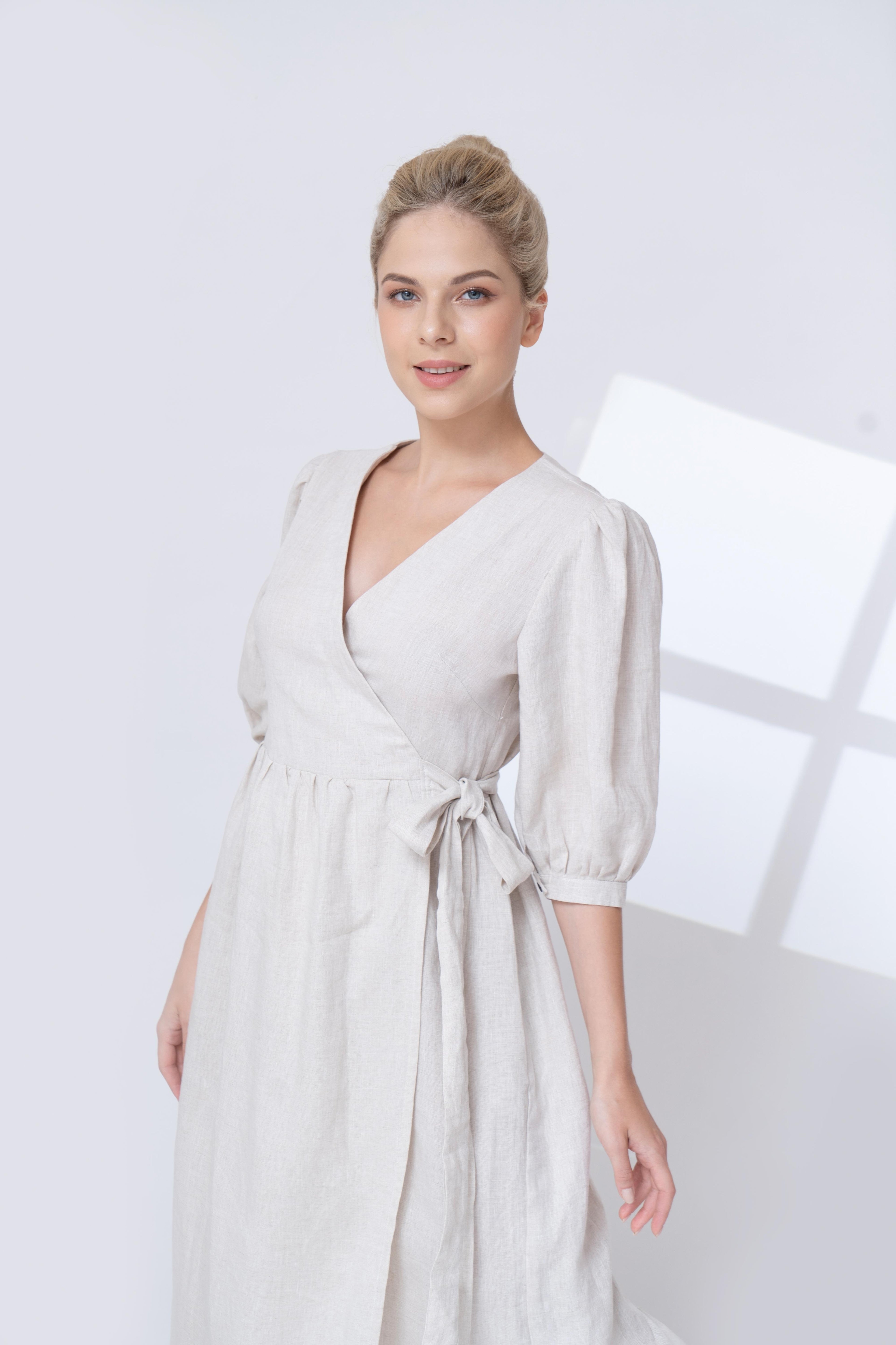 wrap linen midi dress 
