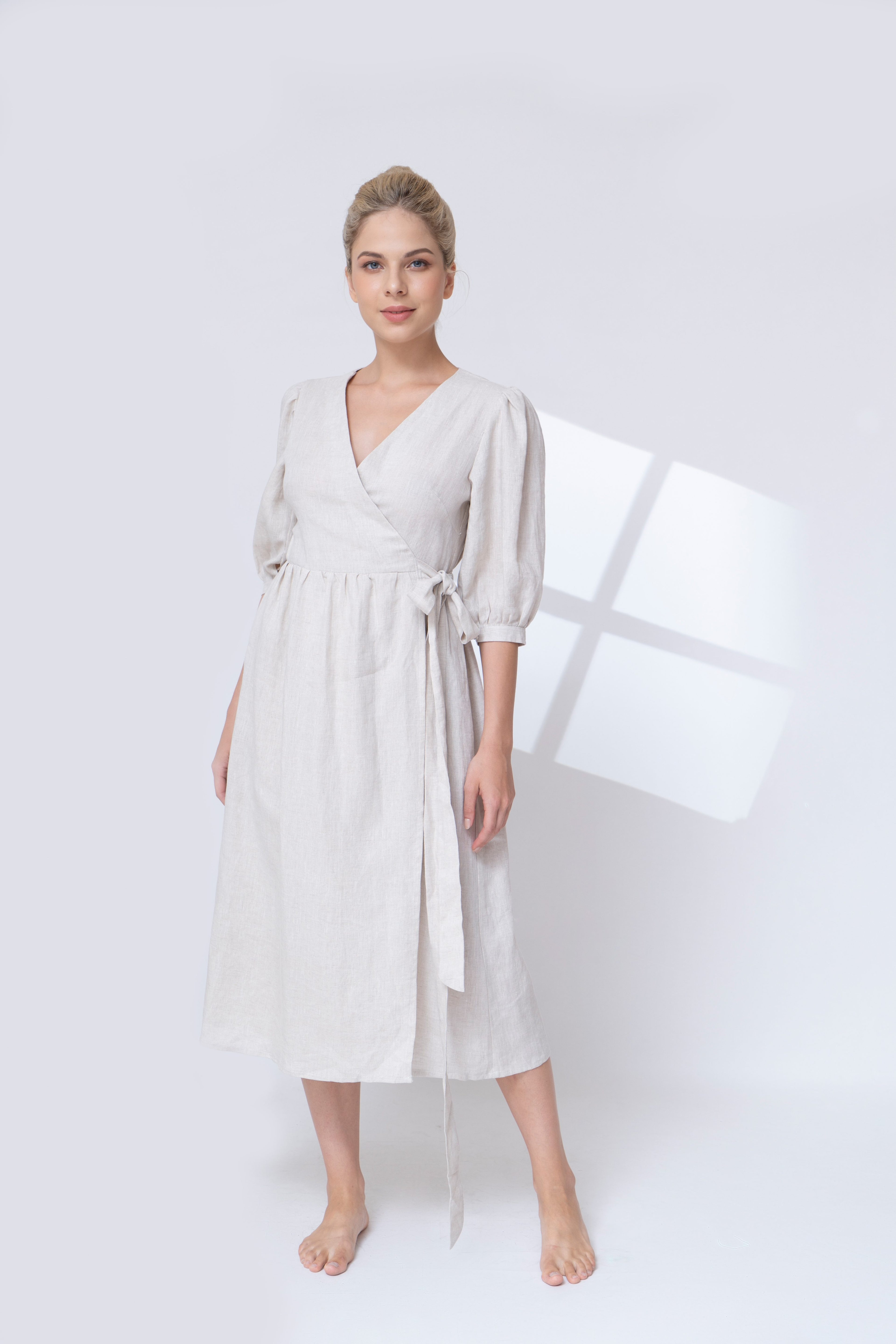 wrap linen midi dress 